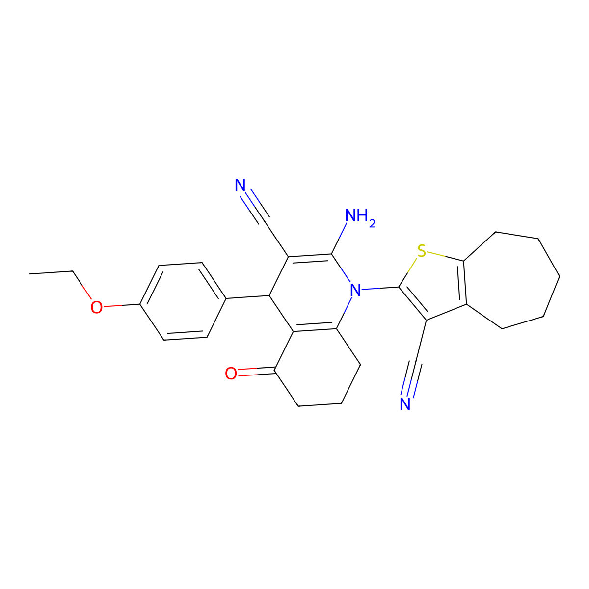 2-Amino-1-(3-cyano-5,6,7,8-tetrahydro-4H-cyclohepta(B)thien-2-YL)-4-(4-E thoxyphenyl)-5-oxo-1,4,5,6,7,8-hexahydro-3-quinolinecarbonitrile molecular structure, CAS 312266-38-9