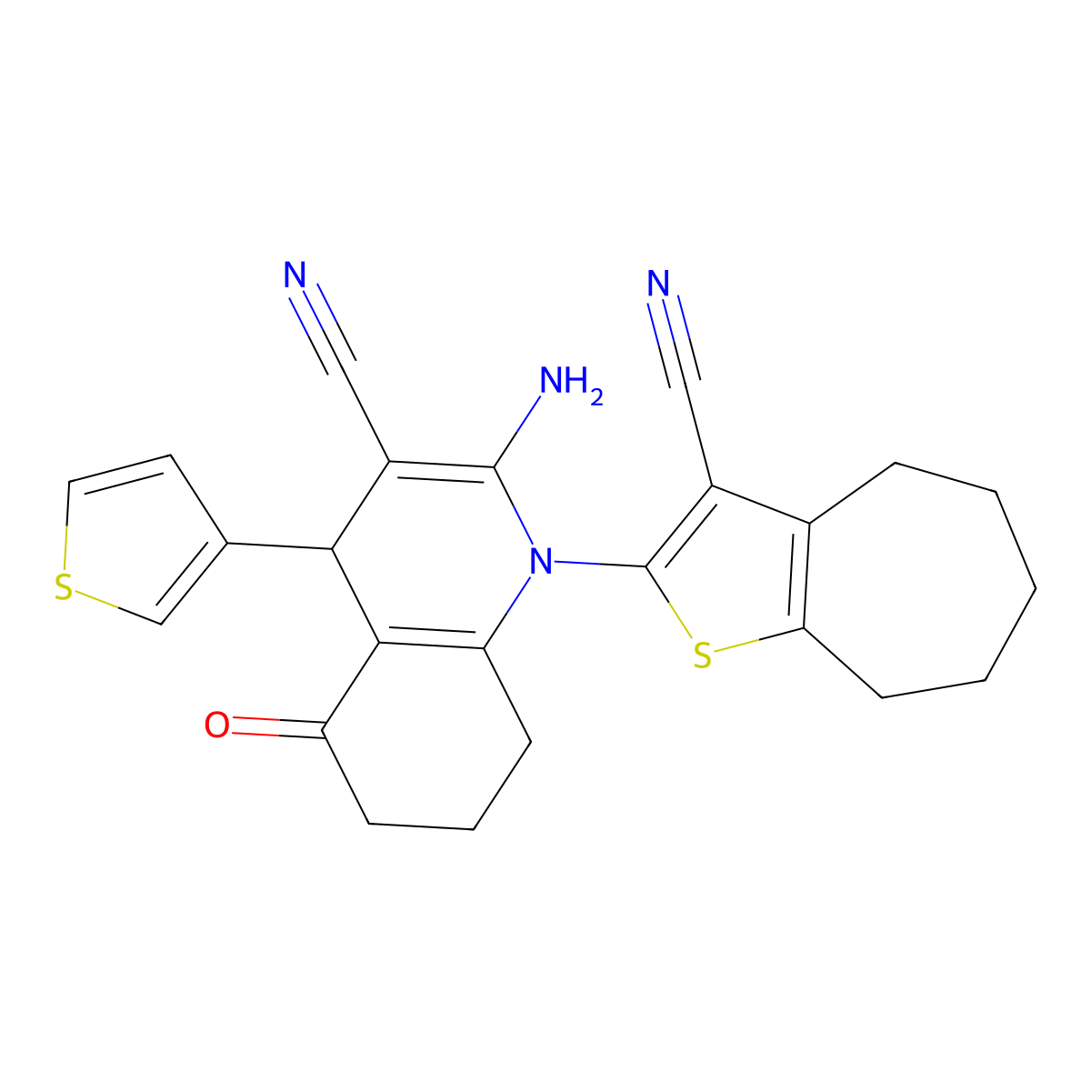 2-Amino-1-(3-cyano-5,6,7,8-tetrahydro-4H-cyclohepta(B)thien-2-YL)-5-oxo-4-(3-thienyl)-1,4,5,6,7,8-hexahydro-3-quinolinecarbonitrile molecular structure, CAS 312266-39-0