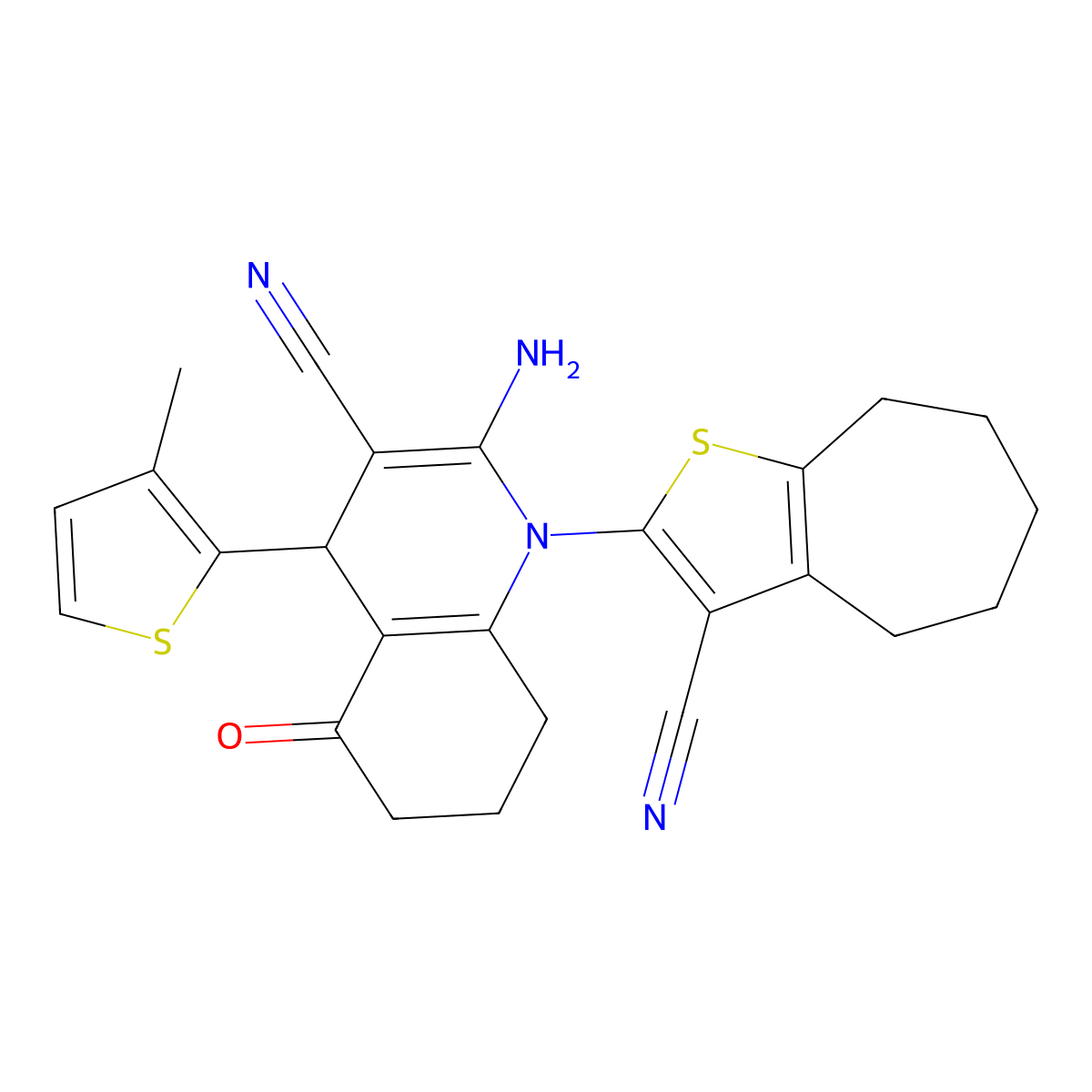 2-Amino-1-(3-cyano-5,6,7,8-tetrahydro-4H-cyclohepta(B)thien-2-YL)-4-(3-M ethyl-2-thienyl)-5-oxo-1,4,5,6,7,8-hexahydro-3-quinolinecarbonitrile molecular structure, CAS 312266-41-4