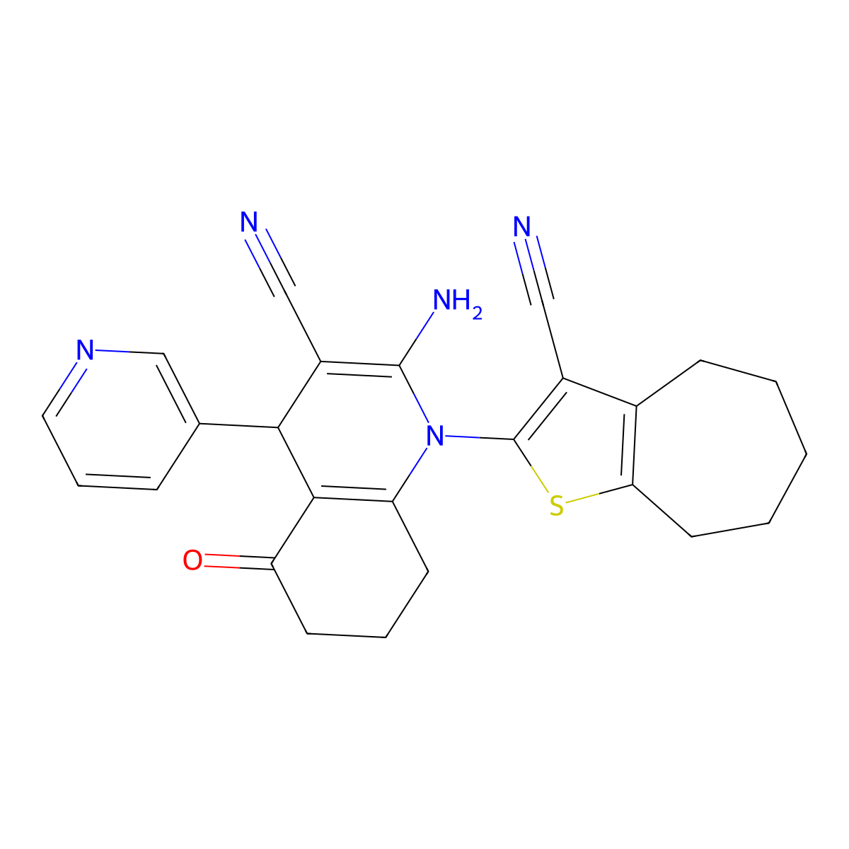 2-amino-1-(3-cyano-5,6,7,8-tetrahydro-4H-cyclohepta[b]thiophen-2-yl)-5-oxo-4-pyridin-3-yl-4,6,7,8-tetrahydroquinoline-3-carbonitrile molecular structure, CAS 312266-42-5