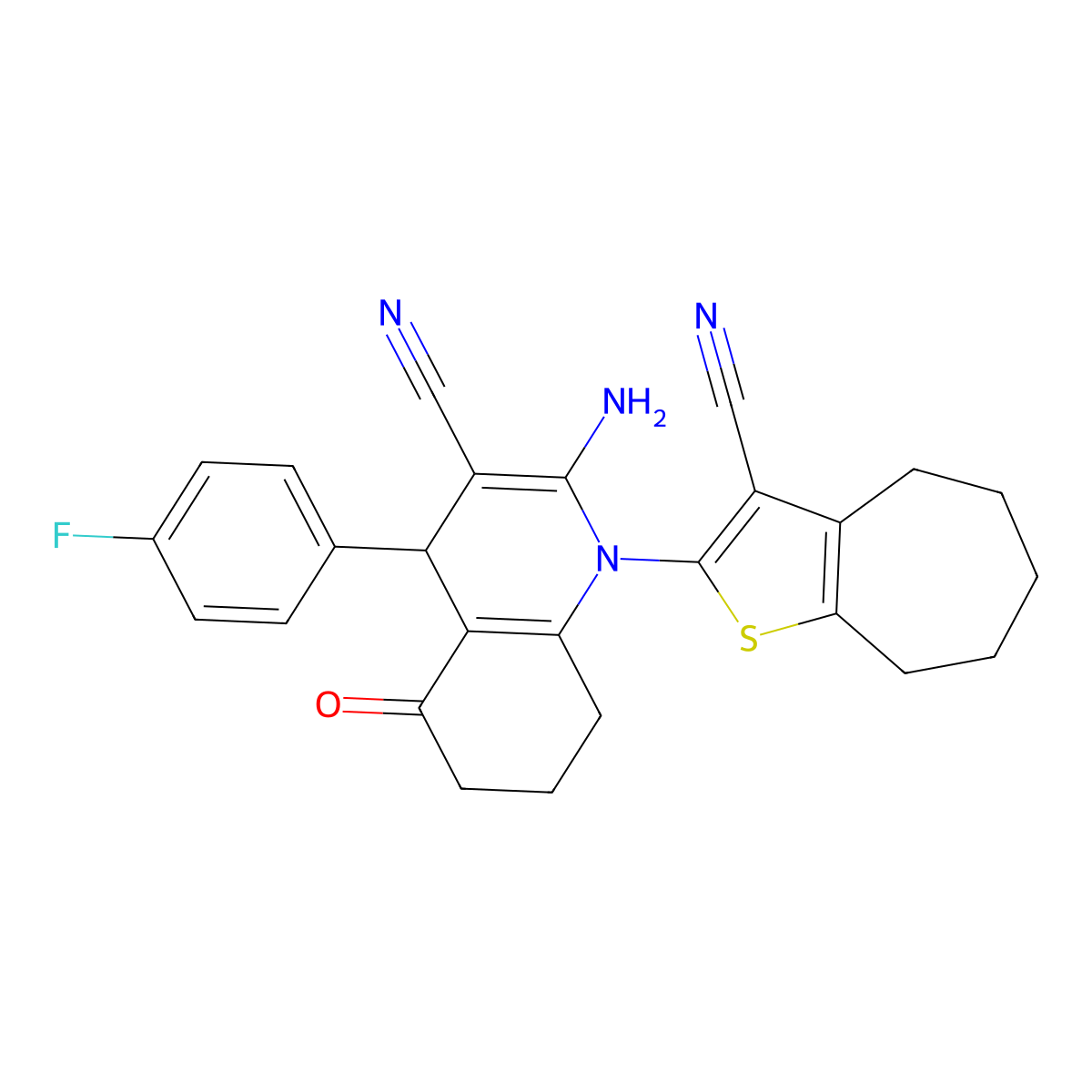 2-Amino-1-(3-cyano-5,6,7,8-tetrahydro-4H-cyclohepta(B)thien-2-YL)-4-(4-F luorophenyl)-5-oxo-1,4,5,6,7,8-hexahydro-3-quinolinecarbonitrile molecular structure, CAS 312267-24-6