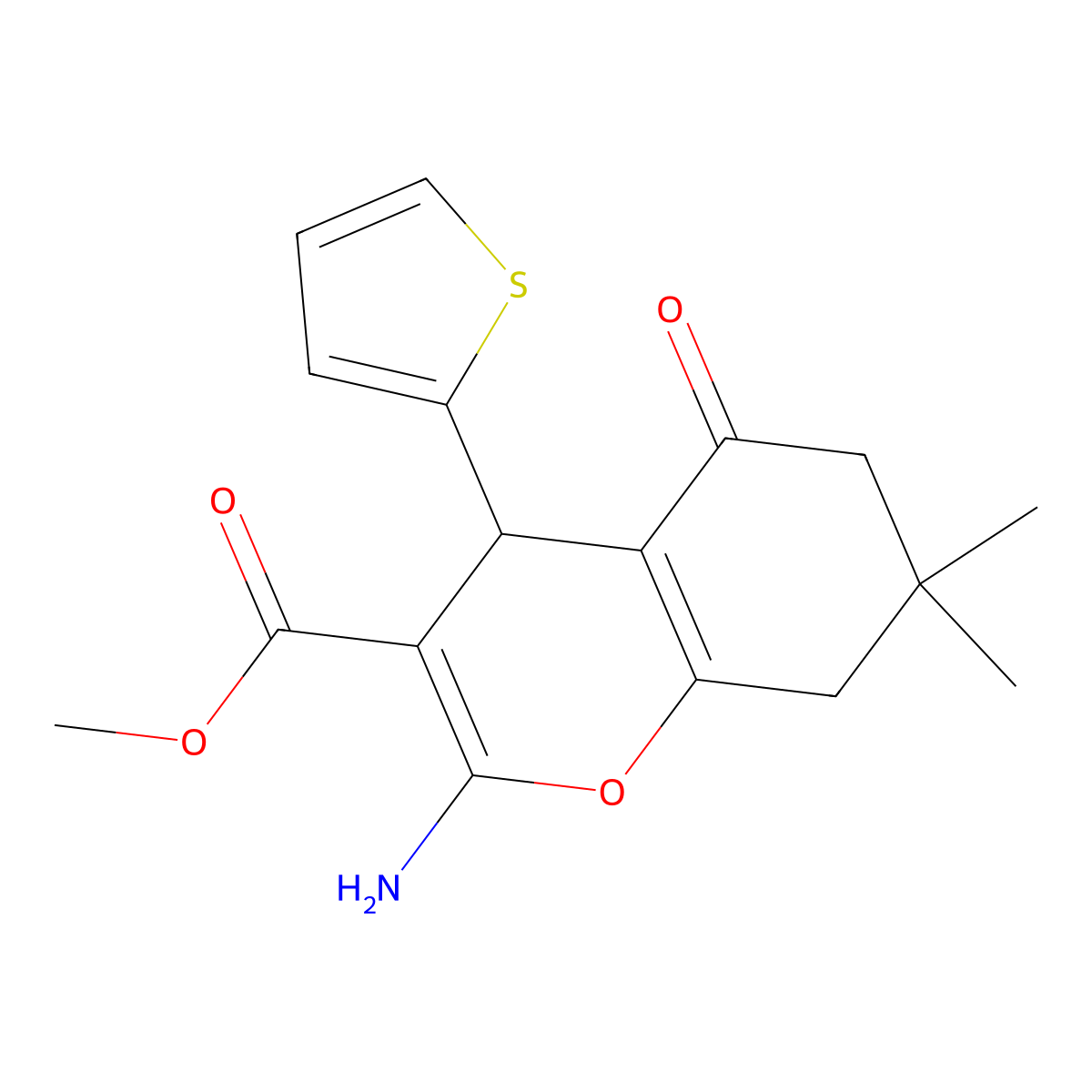 methyl 2-amino-7,7-dimethyl-5-oxo-4-(thiophen-2-yl)-5,6,7,8-tetrahydro-4H-chromene-3-carboxylate molecular structure, CAS 312271-48-0