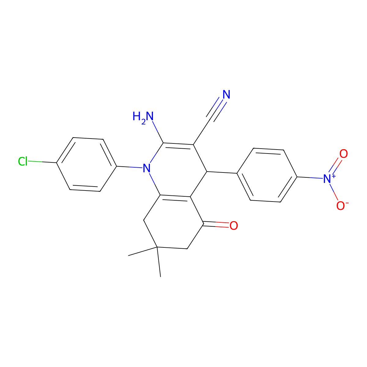 2-Amino-1-(4-chlorophenyl)-7,7-dimethyl-4-(4-nitrophenyl)-5-oxo-1,4,5,6,7,8-hexahydro-3-quinolinecarbonitrile molecular structure, CAS 312272-84-7