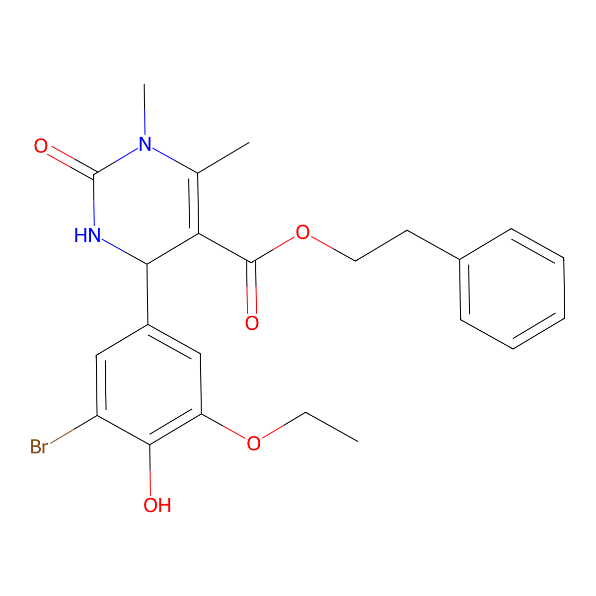 2-Phenylethyl 4-(3-bromo-5-ethoxy-4-hydroxyphenyl)-1,6-dimethyl-2-oxo-1,2,3,4-tetrahydropyrimidine-5-carboxylate molecular structure, CAS 312275-93-7