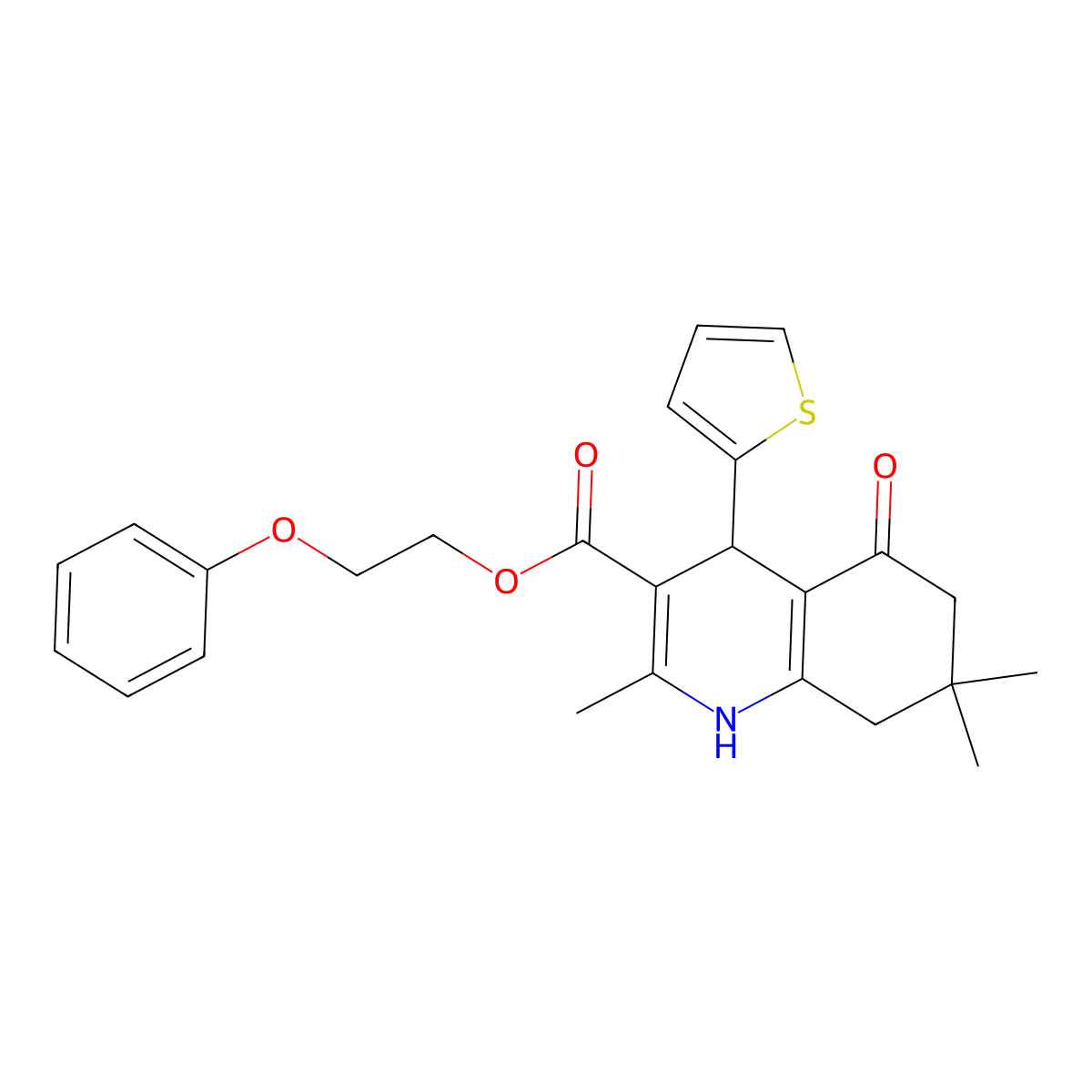 2-Phenoxyethyl 2,7,7-trimethyl-5-oxo-4-(thiophen-2-yl)-1,4,5,6,7,8-hexahydroquinoline-3-carboxylate molecular structure, CAS 312275-94-8