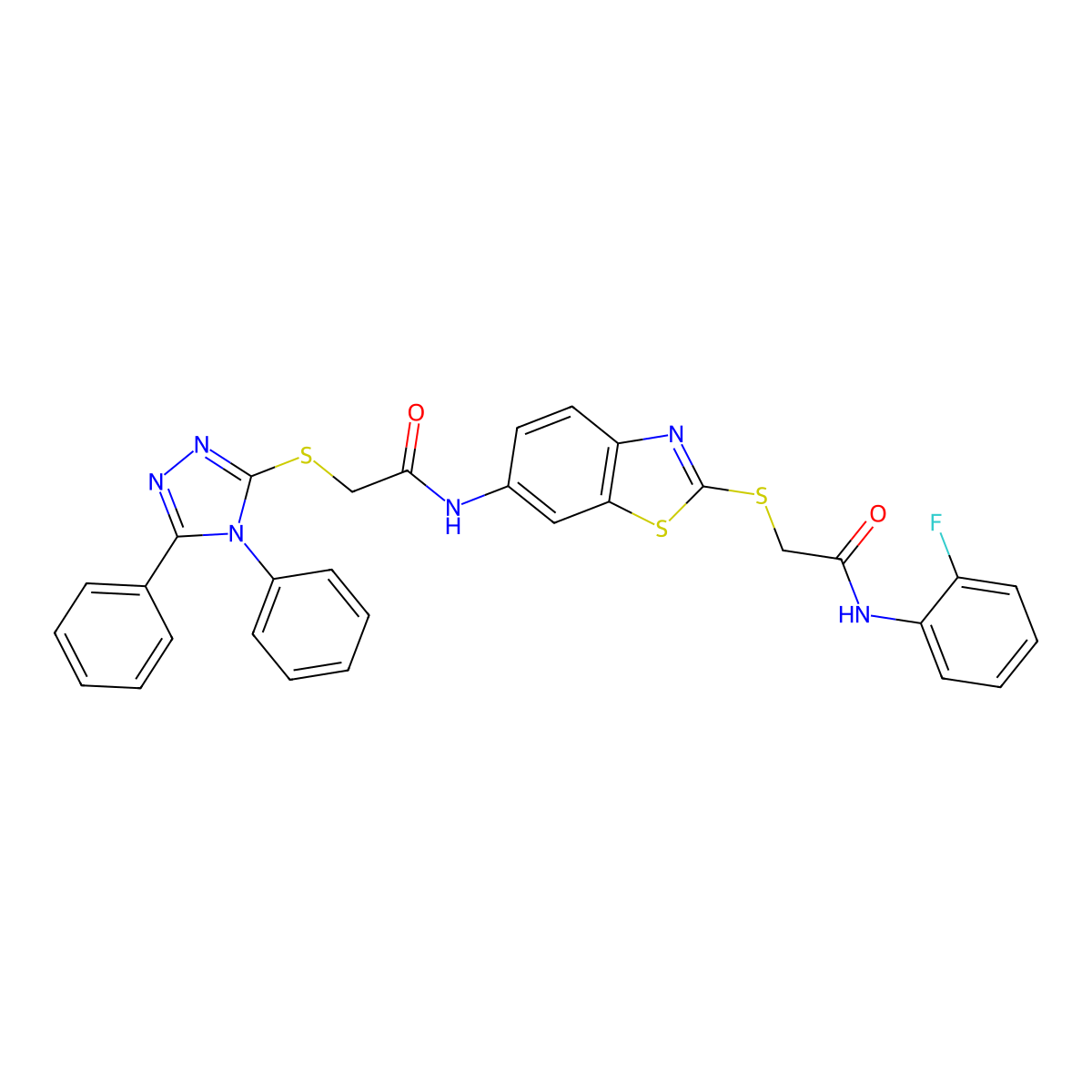 2-[(4,5-diphenyl-4H-1,2,4-triazol-3-yl)sulfanyl]-N-[2-({2-[(2-fluorophenyl)amino]-2-oxoethyl}sulfanyl)-1,3-benzothiazol-6-yl]acetamide molecular structure, CAS 312277-90-0
