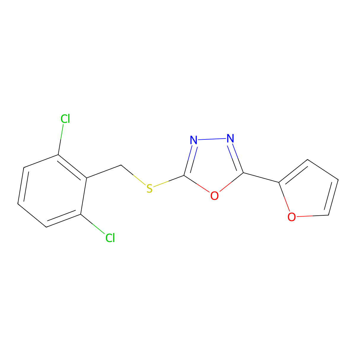 2-[(2,6-Dichlorophenyl)methylsulfanyl]-5-(furan-2-yl)-1,3,4-oxadiazole molecular structure, CAS 312278-36-7