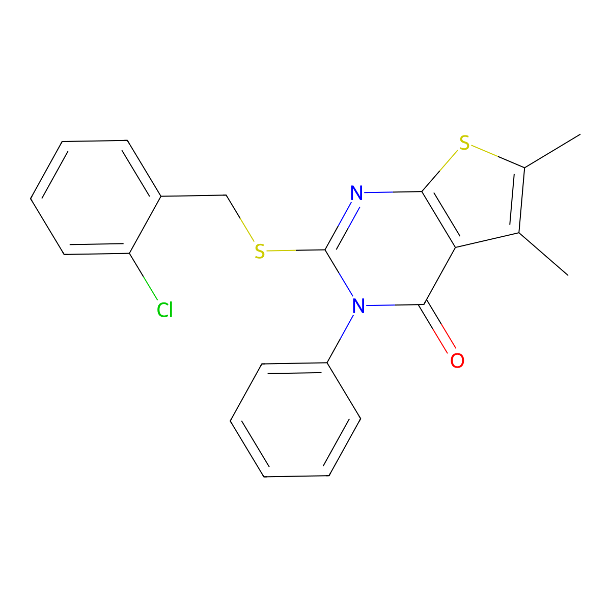 2-[(2-Chlorophenyl)methylsulfanyl]-5,6-dimethyl-3-phenylthieno[2,3-d]pyrimidin-4-one molecular structure, CAS 312278-49-2