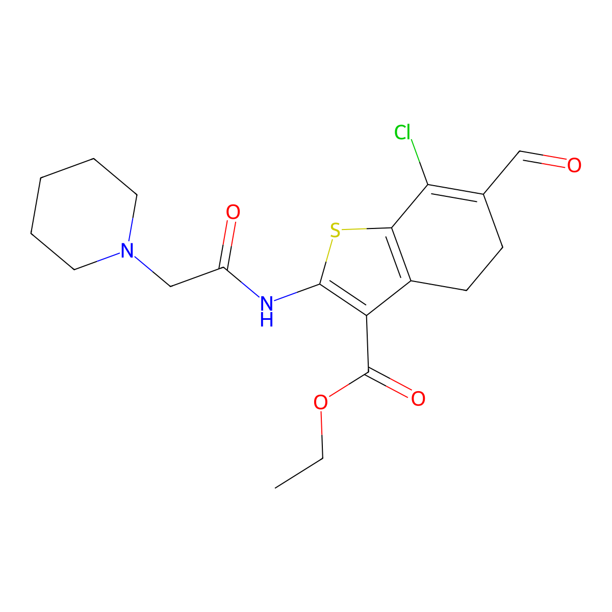 Ethyl 7-chloro-6-formyl-2-[(piperidin-1-ylacetyl)amino]-4,5-dihydro-1-benzothiophene-3-carboxylate molecular structure, CAS 312278-79-8