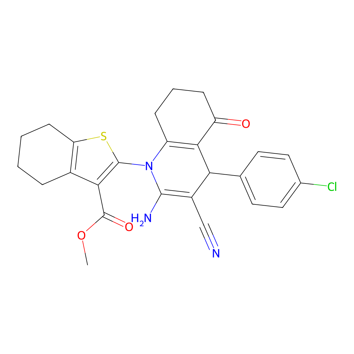 Methyl 2-[2-amino-4-(4-chlorophenyl)-3-cyano-5-oxo-4,6,7,8-tetrahydroquinolin-1-yl]-4,5,6,7-tetrahydro-1-benzothiophene-3-carboxylate molecular structure, CAS 312280-68-5