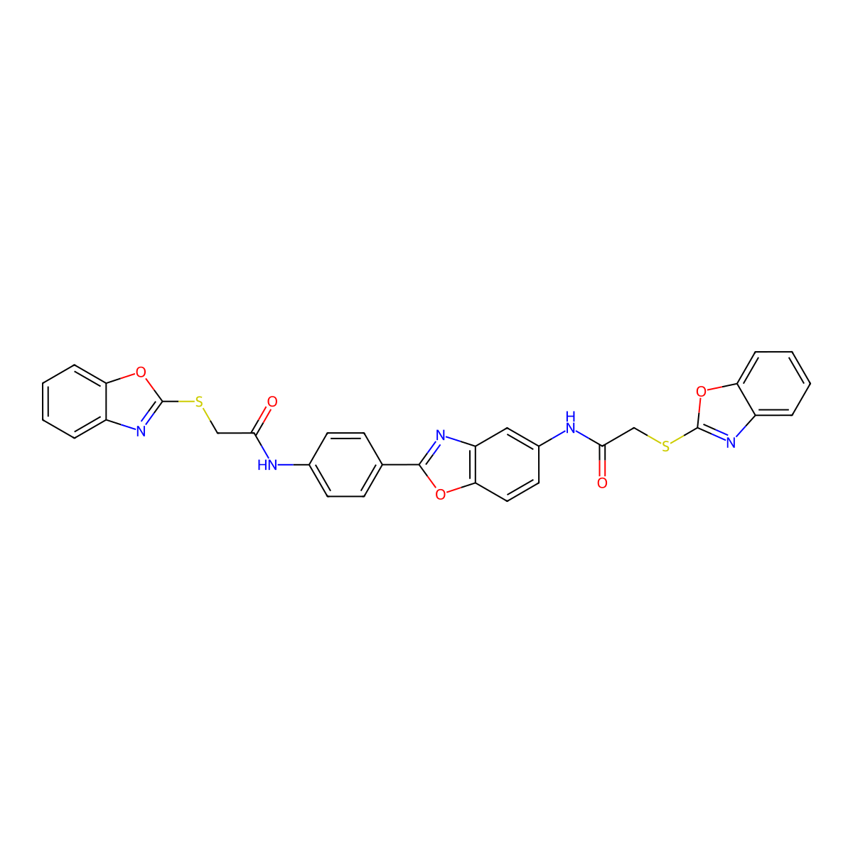 2-(1,3-benzoxazol-2-ylsulfanyl)-N-[4-(5-{[(1,3-benzoxazol-2-ylsulfanyl)acetyl]amino}-1,3-benzoxazol-2-yl)phenyl]acetamide molecular structure, CAS 312281-03-1