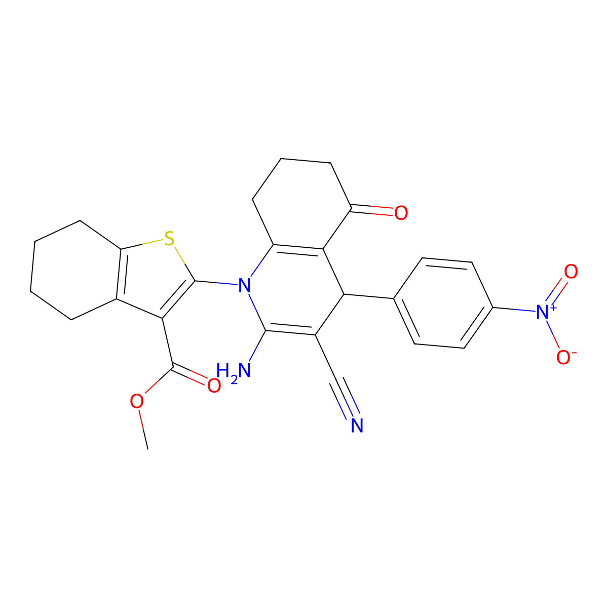 Methyl 2-[2-amino-3-cyano-4-(4-nitrophenyl)-5-oxo-4,6,7,8-tetrahydroquinolin-1-yl]-4,5,6,7-tetrahydro-1-benzothiophene-3-carboxylate molecular structure, CAS 312281-23-5