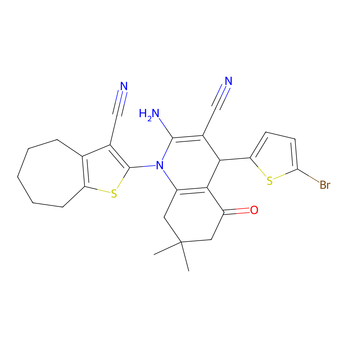 2-amino-4-(5-bromothiophen-2-yl)-1-(3-cyano-5,6,7,8-tetrahydro-4H-cyclohepta[b]thiophen-2-yl)-7,7-dimethyl-5-oxo-6,8-dihydro-4H-quinoline-3-carbonitrile molecular structure, CAS 312281-38-2