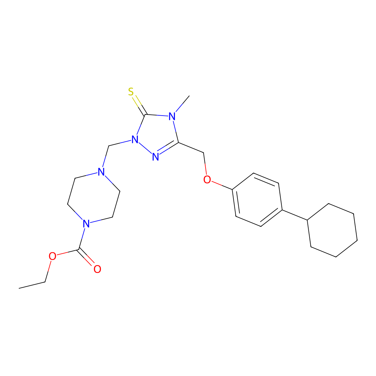 ethyl 4-({3-[(4-cyclohexylphenoxy)methyl]-4-methyl-5-thioxo-4,5-dihydro-1H-1,2,4-triazol-1-yl}methyl)piperazine-1-carboxylate molecular structure, CAS 312281-91-7