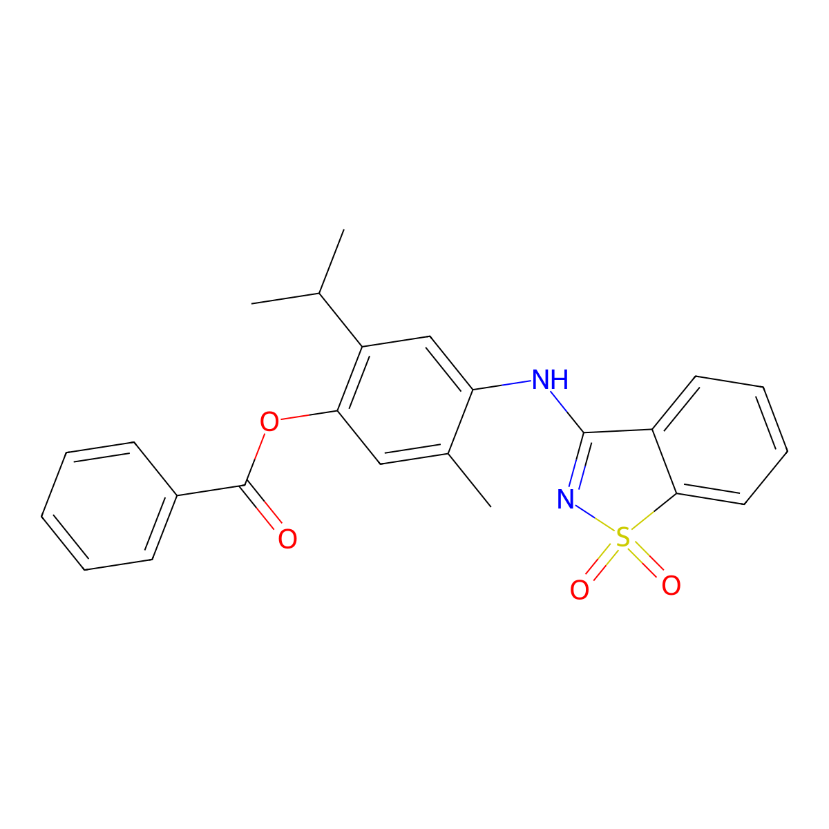 4-[(1,1-Dioxido-1,2-benzothiazol-3-yl)amino]-5-methyl-2-(propan-2-yl)phenyl benzoate molecular structure, CAS 312282-32-9