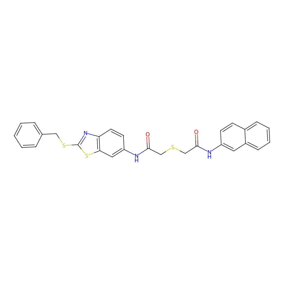 2-[2-[(2-benzylsulfanyl-1,3-benzothiazol-6-yl)amino]-2-oxoethyl]sulfanyl-N-naphthalen-2-ylacetamide molecular structure, CAS 312285-46-4