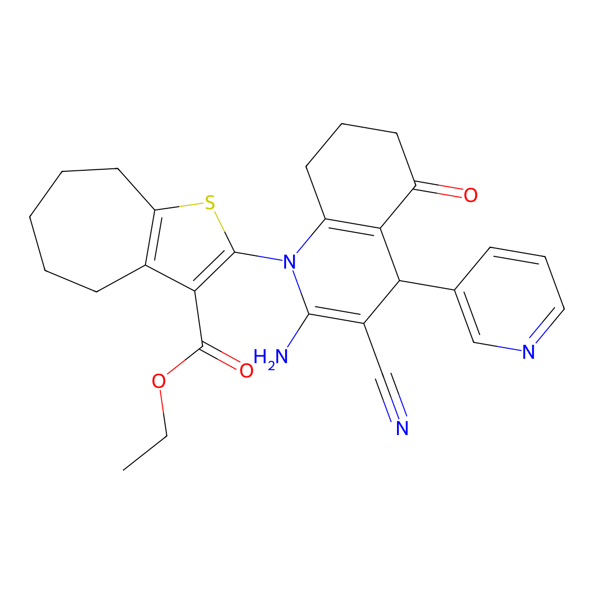 ethyl 2-(2-amino-3-cyano-5-oxo-4-pyridin-3-yl-4,6,7,8-tetrahydroquinolin-1-yl)-5,6,7,8-tetrahydro-4H-cyclohepta[b]thiophene-3-carboxylate molecular structure, CAS 312285-47-5