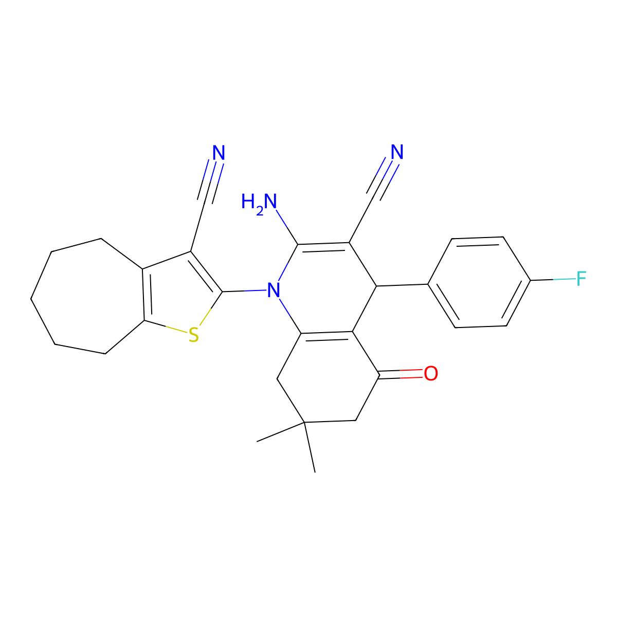 2-amino-1-(3-cyano-5,6,7,8-tetrahydro-4H-cyclohepta[b]thiophen-2-yl)-4-(4-fluorophenyl)-7,7-dimethyl-5-oxo-6,8-dihydro-4H-quinoline-3-carbonitrile molecular structure, CAS 312285-48-6