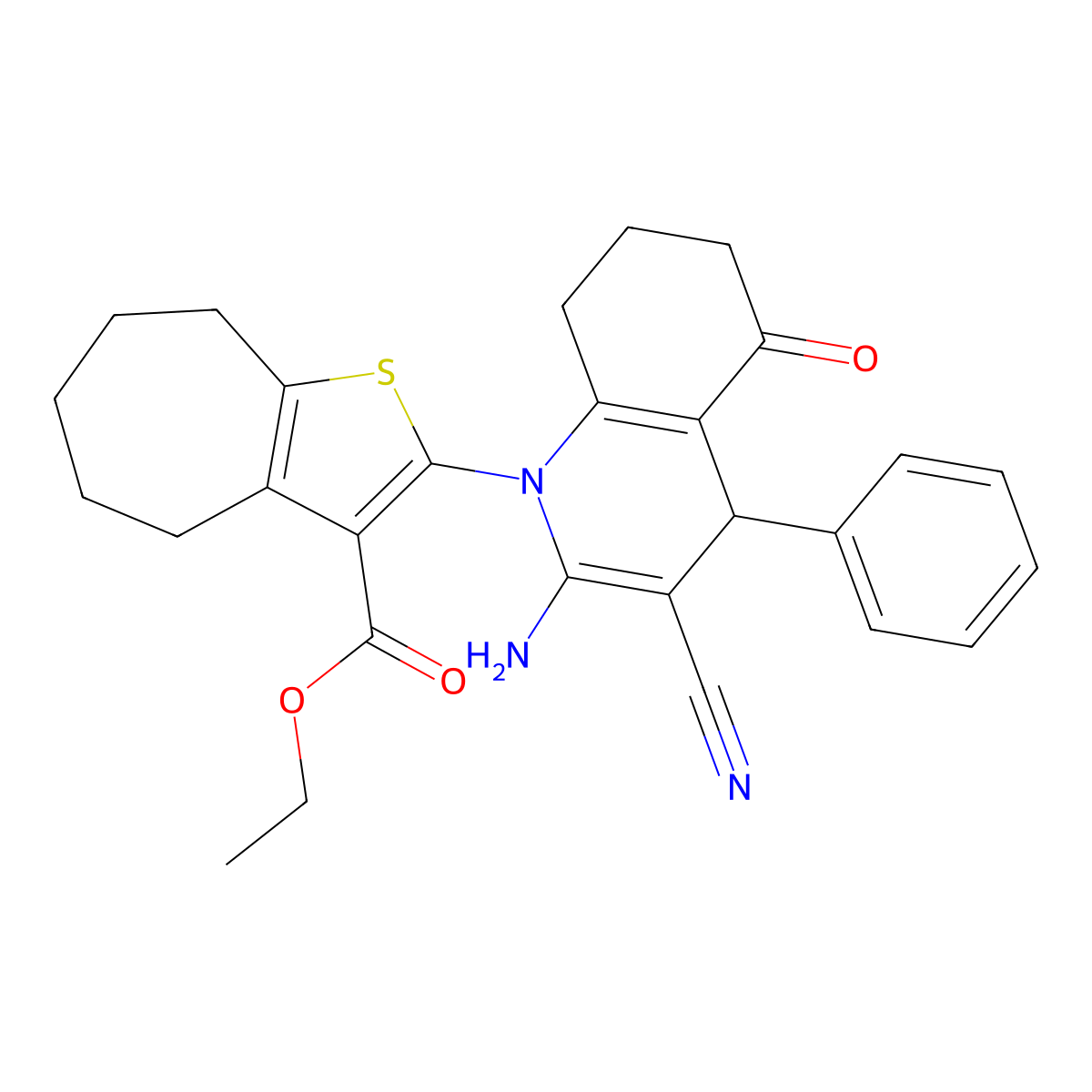 ethyl 2-(2-amino-3-cyano-5-oxo-4-phenyl-4,6,7,8-tetrahydroquinolin-1-yl)-5,6,7,8-tetrahydro-4H-cyclohepta[b]thiophene-3-carboxylate molecular structure, CAS 312285-49-7