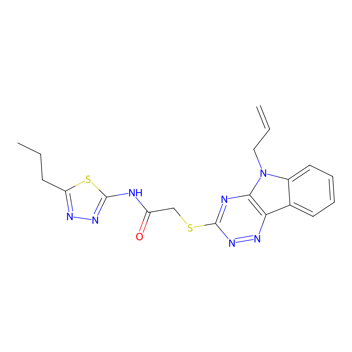 2-[(5-prop-2-enyl-[1,2,4]triazino[5,6-b]indol-3-yl)sulfanyl]-N-(5-propyl-1,3,4-thiadiazol-2-yl)acetamide molecular structure, CAS 312285-77-1