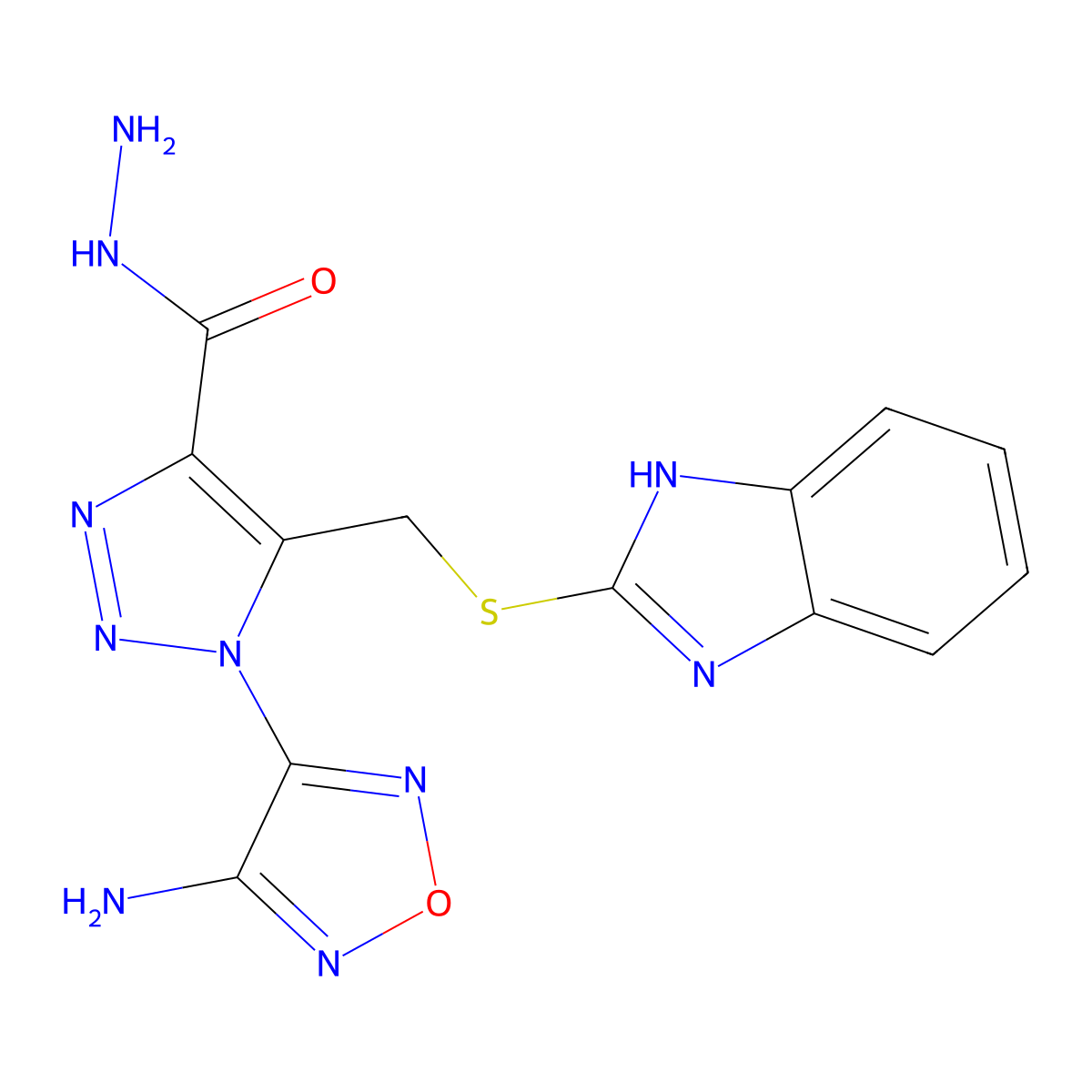 5-(((1H-benzo[d]imidazol-2-yl)thio)methyl)-1-(4-amino-1,2,5-oxadiazol-3-yl)-1H-1,2,3-triazole-4-carbohydrazide molecular structure, CAS 312285-88-4