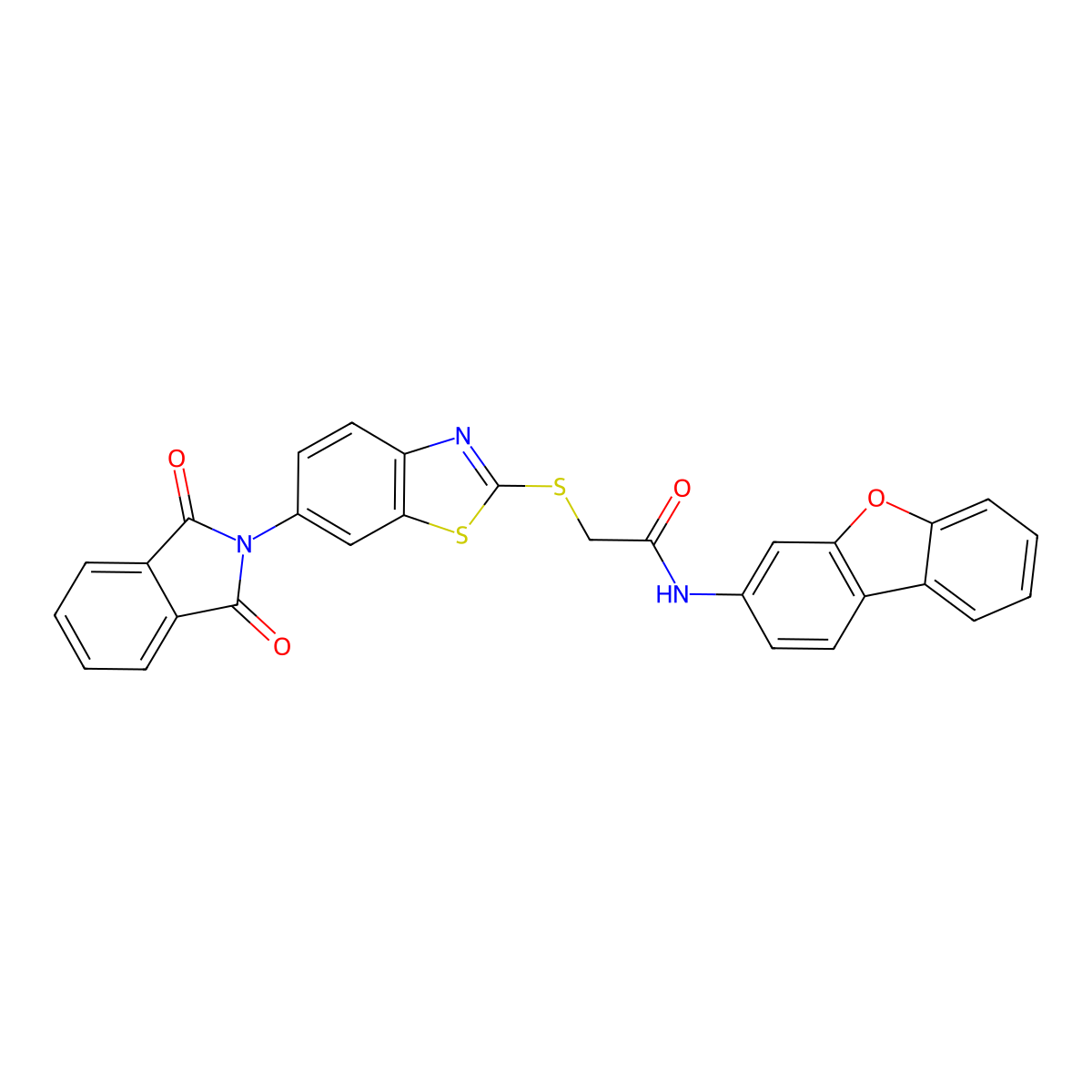 N-dibenzofuran-3-yl-2-[[6-(1,3-dioxoisoindol-2-yl)-1,3-benzothiazol-2-yl]sulfanyl]acetamide molecular structure, CAS 312287-02-8