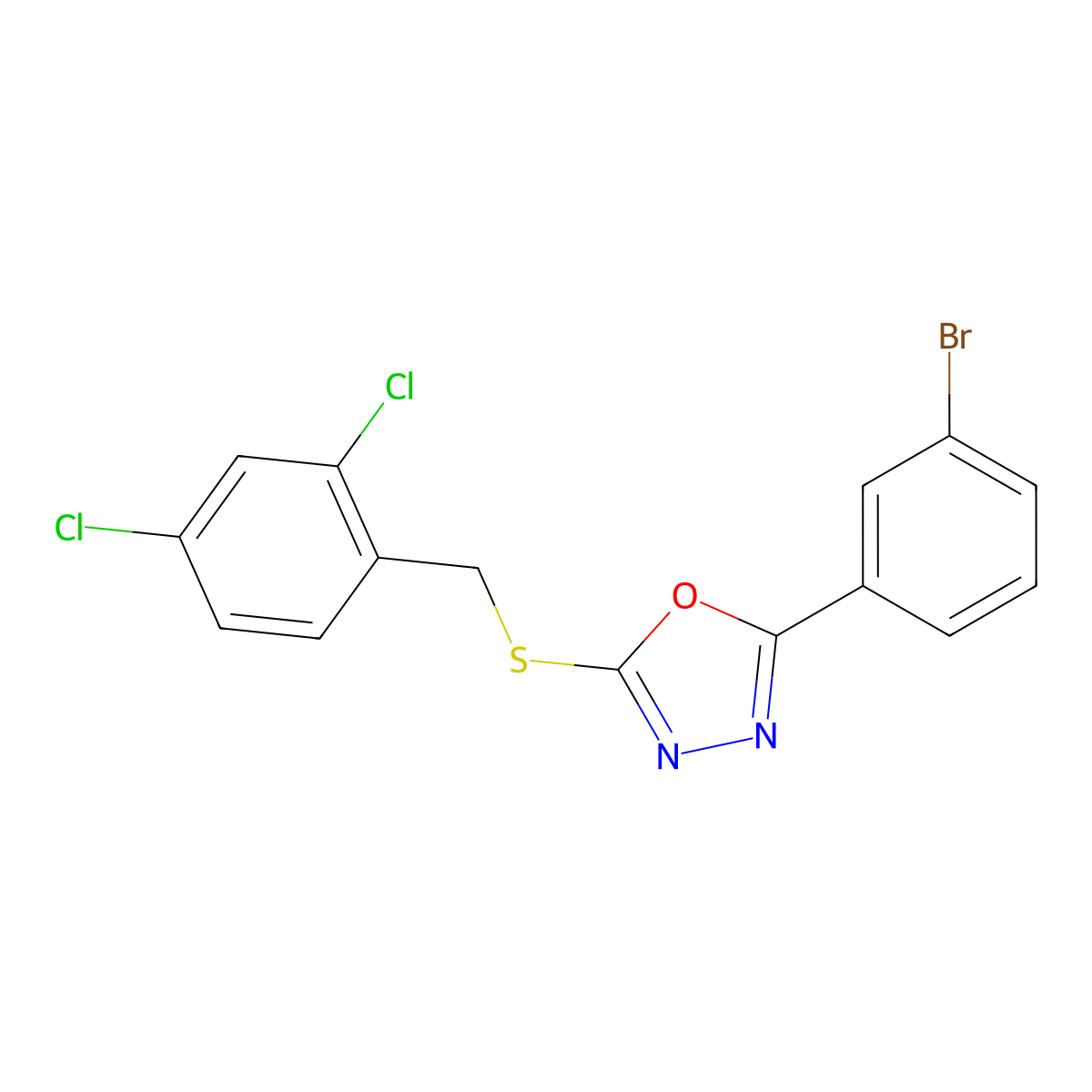 2-(3-Bromophenyl)-5-[(2,4-dichlorophenyl)methylsulfanyl]-1,3,4-oxadiazole molecular structure, CAS 312289-24-0