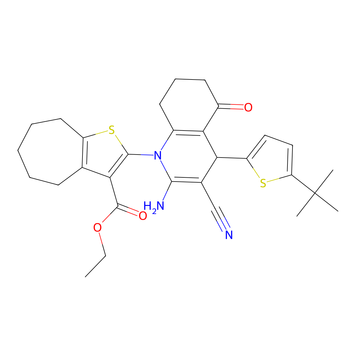 ethyl 2-[2-amino-4-(5-tert-butylthiophen-2-yl)-3-cyano-5-oxo-4,6,7,8-tetrahydroquinolin-1-yl]-5,6,7,8-tetrahydro-4H-cyclohepta[b]thiophene-3-carboxylate molecular structure, CAS 312290-85-0