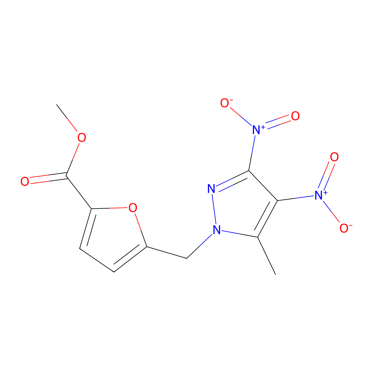 Methyl 5-[(5-methyl-3,4-dinitropyrazolyl)methyl]furan-2-carboxylate molecular structure, CAS 312309-39-0