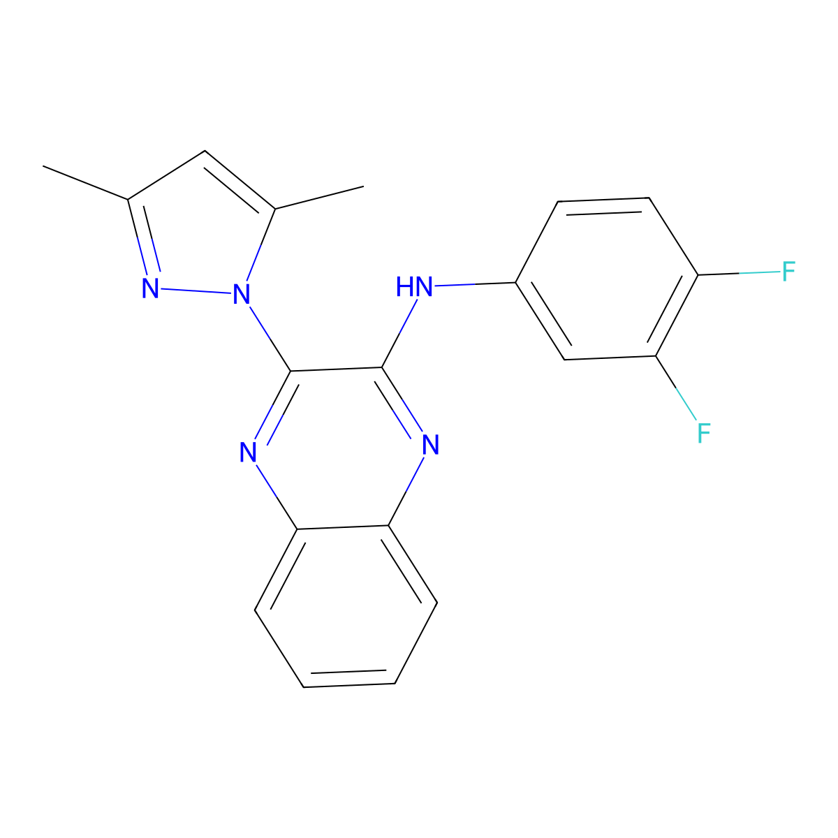 N-(3,4-difluorophenyl)-3-(3,5-dimethylpyrazol-1-yl)quinoxalin-2-amine molecular structure, CAS 312310-12-6