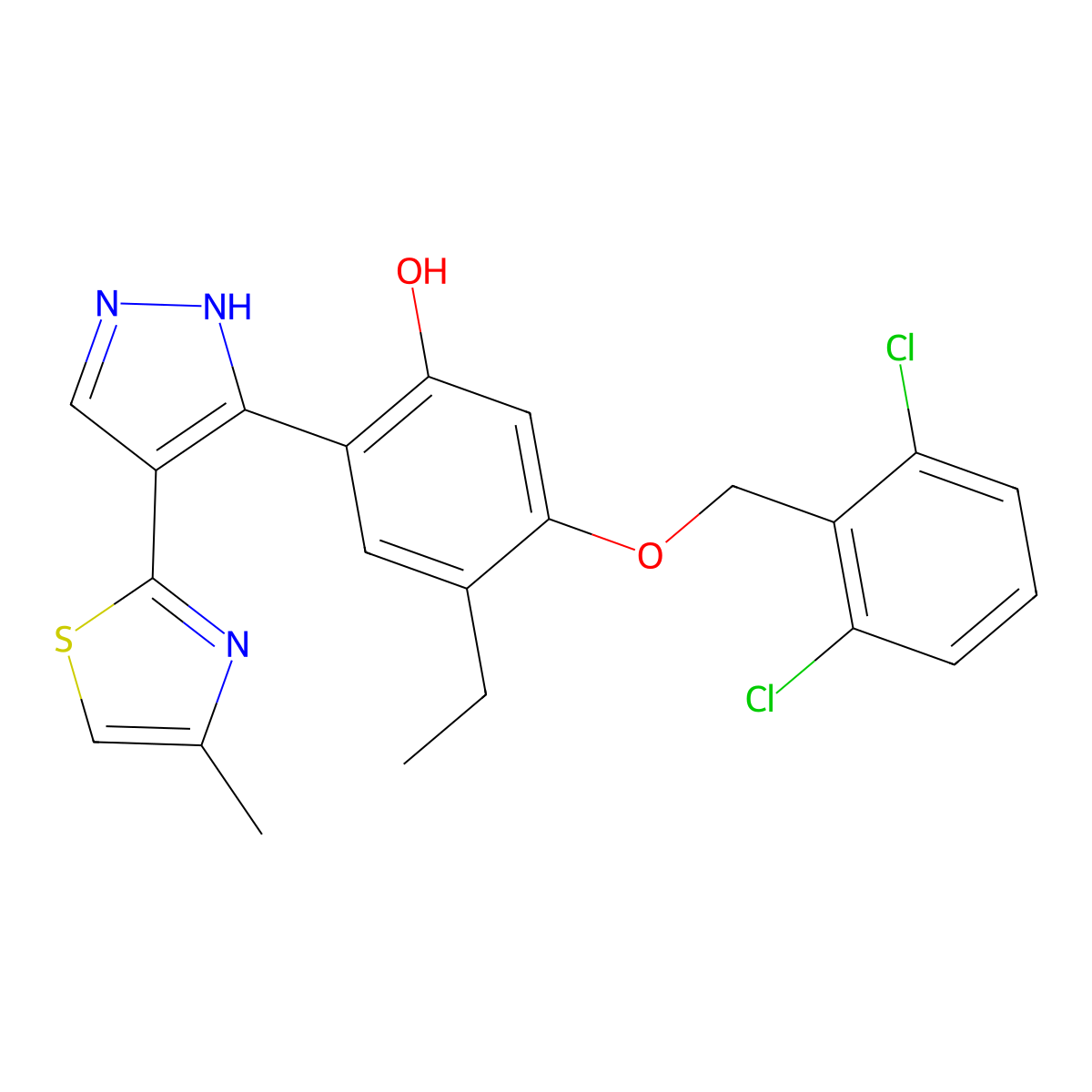 5-[(2,6-dichlorobenzyl)oxy]-4-ethyl-2-[4-(4-methyl-1,3-thiazol-2-yl)-1H-pyrazol-3-yl]phenol molecular structure, CAS 312312-25-7