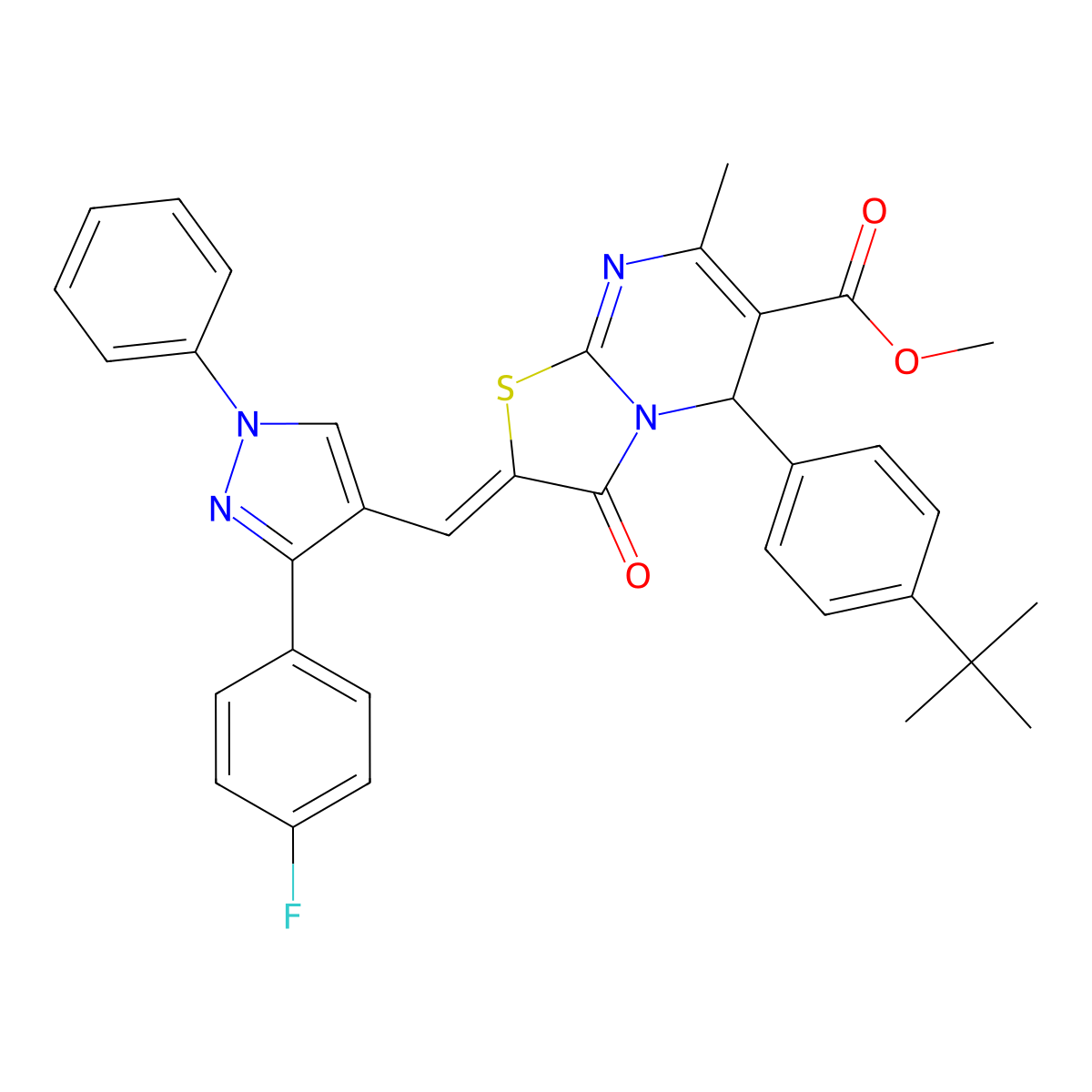 Methyl 5-[4-(1,1-dimethylethyl)phenyl]-2-[[3-(4-fluorophenyl)-1-phenyl-1H-pyrazol-4-yl]methylene]-2,3-dihydro-7-methyl-3-oxo-5H-thiazolo[3,2-a]pyrimidine-6-carboxylate molecular structure, CAS 312313-97-6