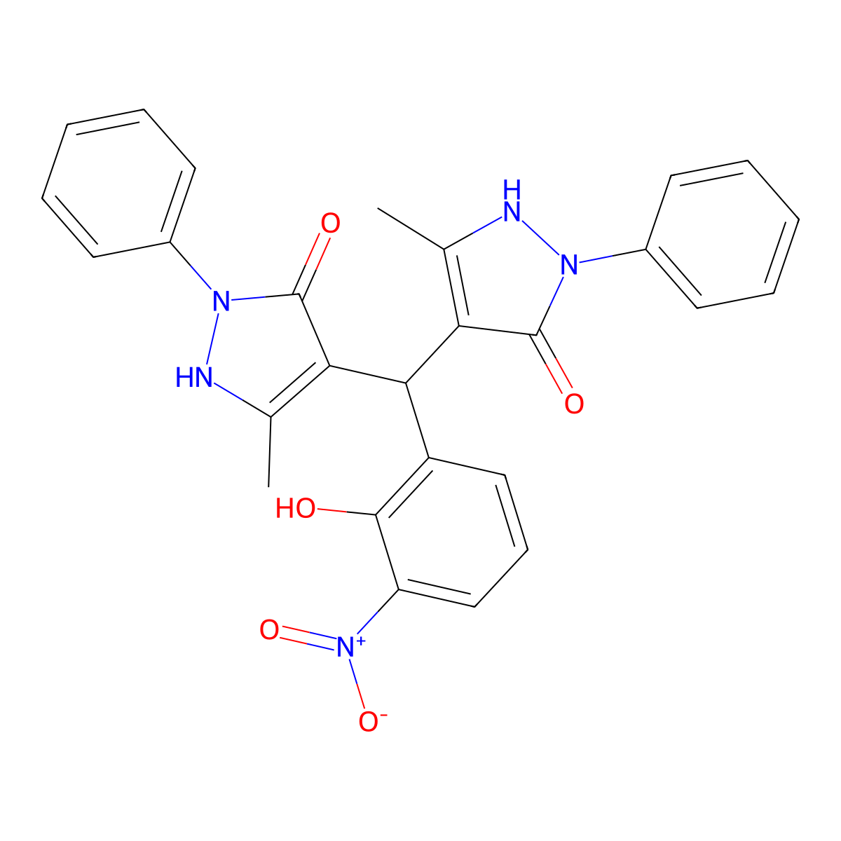 4-[(2-hydroxy-3-nitrophenyl)-(5-methyl-3-oxo-2-phenyl-1H-pyrazol-4-yl)methyl]-5-methyl-2-phenyl-1H-pyrazol-3-one molecular structure, CAS 312314-21-9