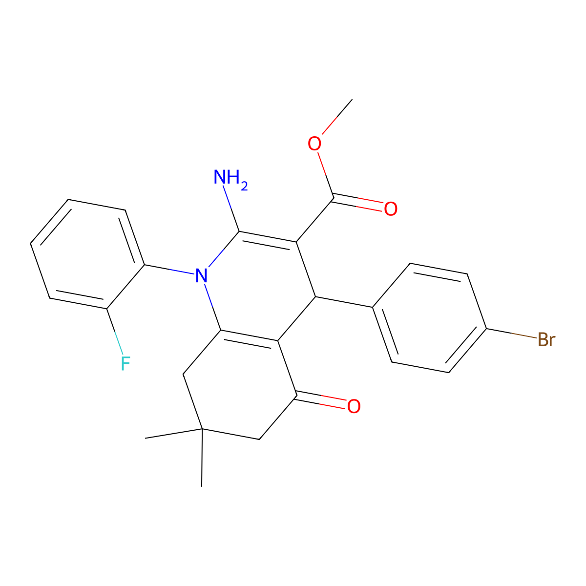 Methyl 2-amino-4-(4-bromophenyl)-1-(2-fluorophenyl)-7,7-dimethyl-5-oxo-1,4,5,6,7,8-hexahydroquinoline-3-carboxylate molecular structure, CAS 312315-86-9