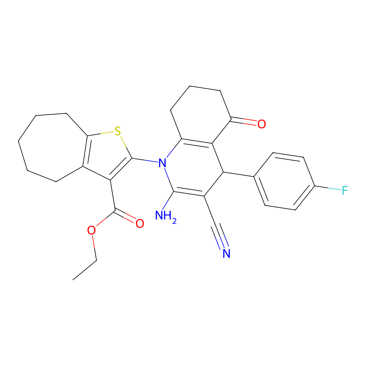 Ethyl 2-(2-amino-3-cyano-4-(4-fluorophenyl)-5-oxo-5,6,7,8-tetrahydro-1(4H)-qui nolinyl)-5,6,7,8-tetrahydro-4H-cyclohepta[B]thiophene-3-carboxylate molecular structure, CAS 312315-90-5