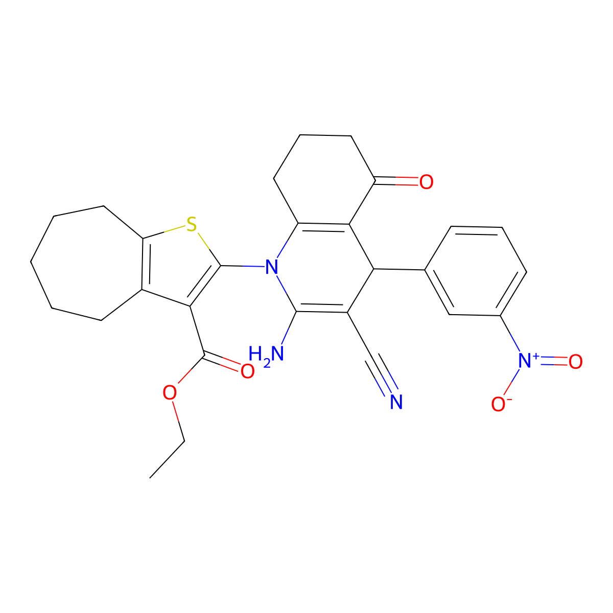 Ethyl 2-(2-amino-3-cyano-4-(3-nitrophenyl)-5-oxo-5,6,7,8-tetrahydro-1(4H)-quin olinyl)-5,6,7,8-tetrahydro-4H-cyclohepta(B)thiophene-3-carboxylate molecular structure, CAS 312315-97-2