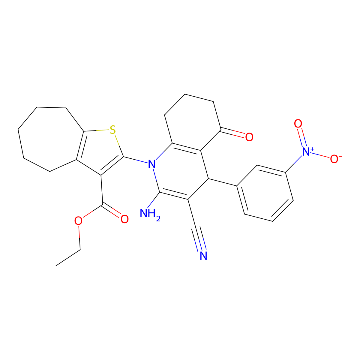 Ethyl 2-(2-amino-3-cyano-4-(3-nitrophenyl)-5-oxo-5,6,7,8-tetrahydro-1(4H)-quin olinyl)-5,6,7,8-tetrahydro-4H-cyclohepta(B)thiophene-3-carboxylate molecular structure, CAS 312315-97-2