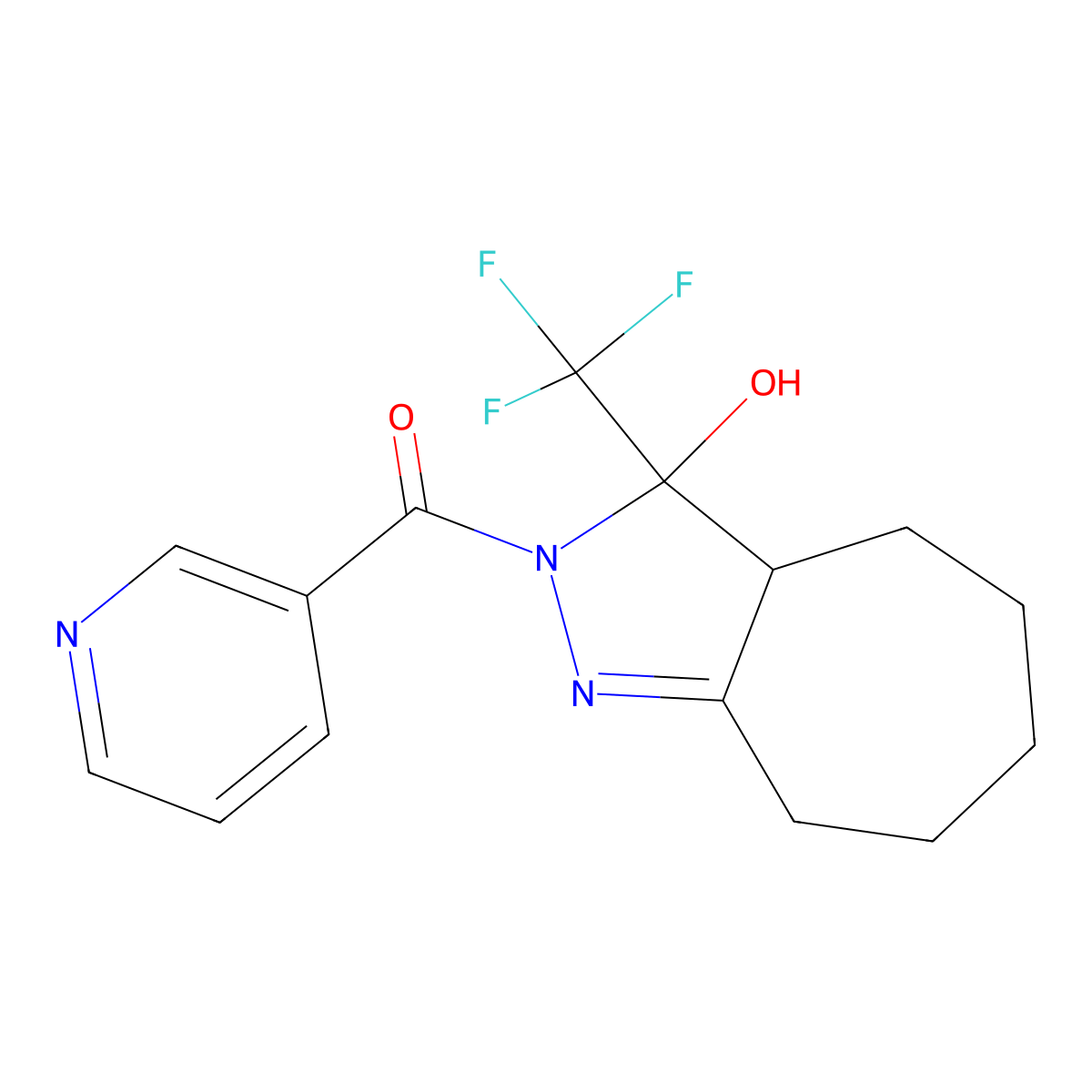 [3-Hydroxy-3-(trifluoromethyl)-3a,4,5,6,7,8-hexahydrocyclohepta[c]pyrazol-2-yl]-pyridin-3-ylmethanone molecular structure, CAS 312316-77-1