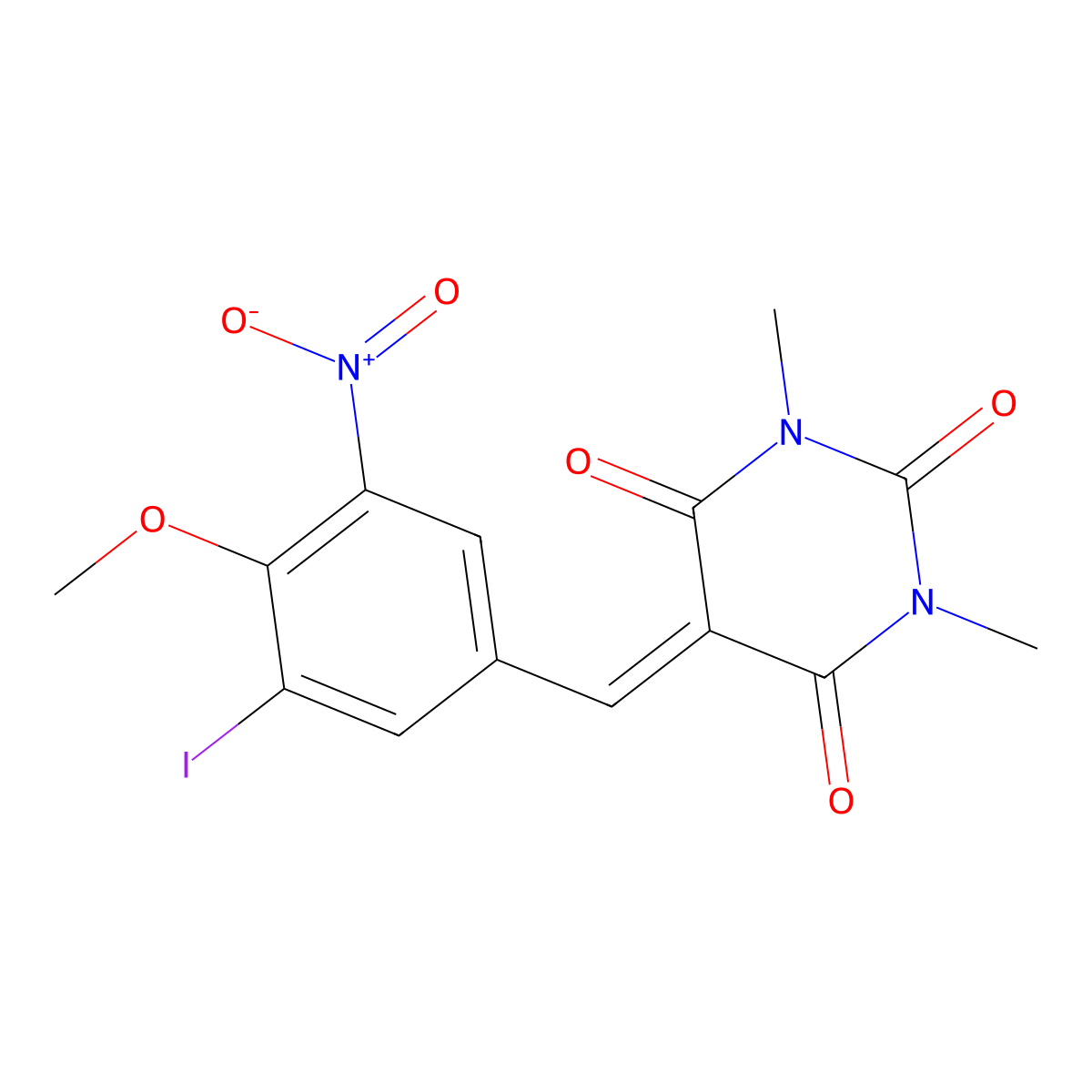 5-((3-Iodo-4-methoxy-5-nitrophenyl)methylene)-1,3-dimethyl-2,4,6(1H,3H,5H)-pyrimidinetrione molecular structure, CAS 312319-68-9
