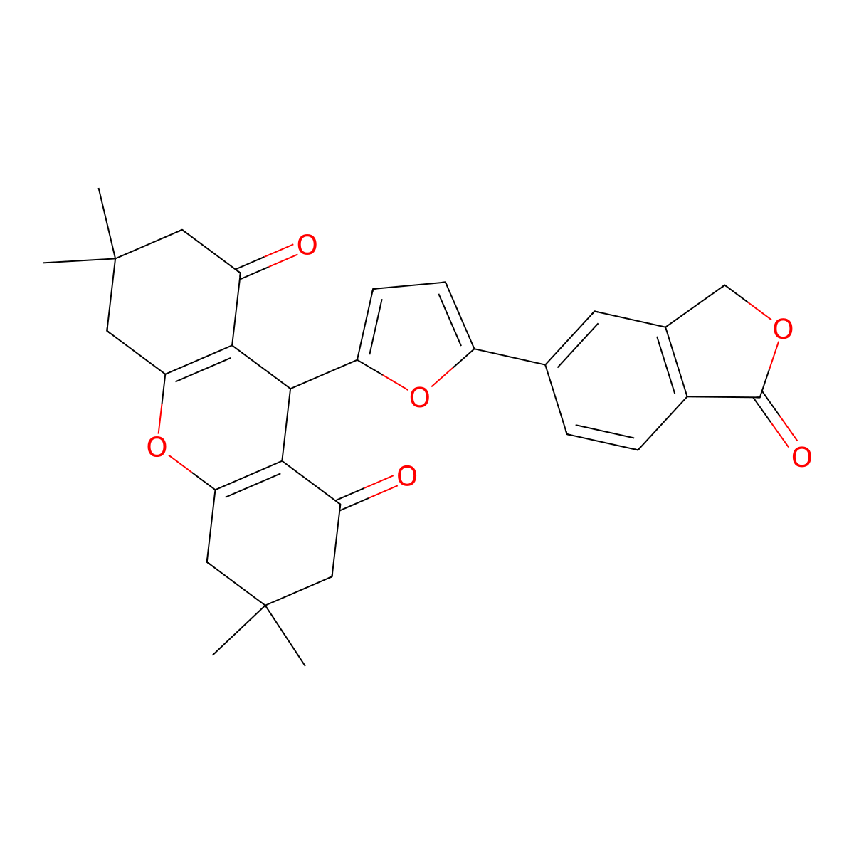3,3,6,6-tetramethyl-9-[5-(1-oxo-3H-2-benzofuran-5-yl)furan-2-yl]-4,5,7,9-tetrahydro-2H-xanthene-1,8-dione molecular structure, CAS 312496-62-1