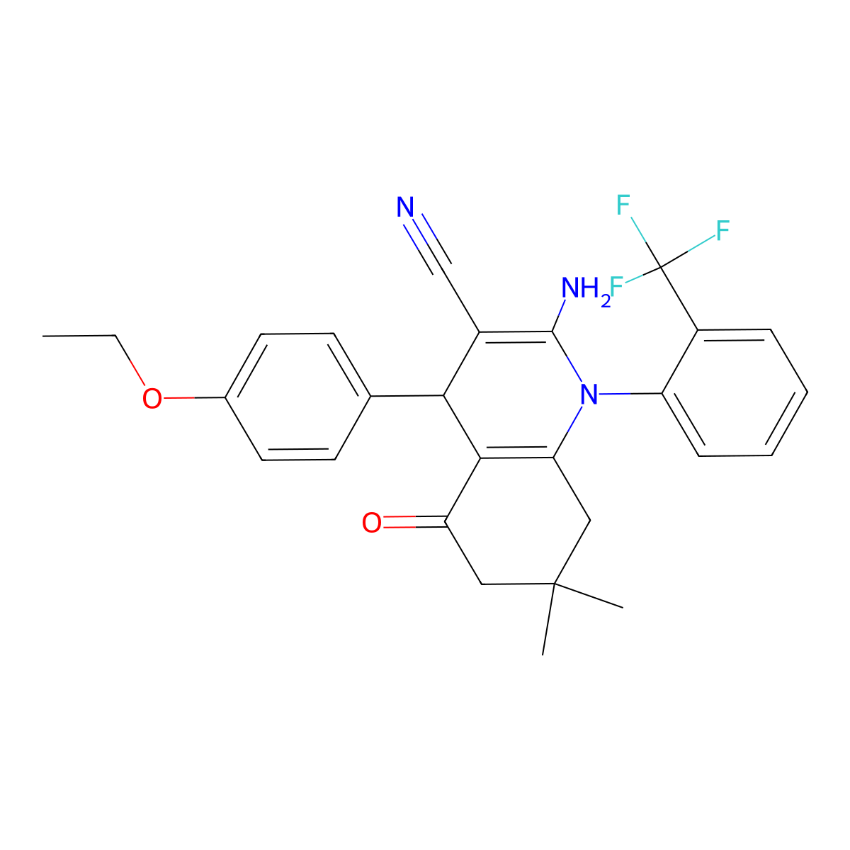 2-Amino-4-(4-ethoxyphenyl)-7,7-dimethyl-5-oxo-1-(2-(trifluoromethyl)phenyl)-1,4,5,6,7,8-hexahydro-3-quinolinecarbonitrile molecular structure, CAS 312496-74-5