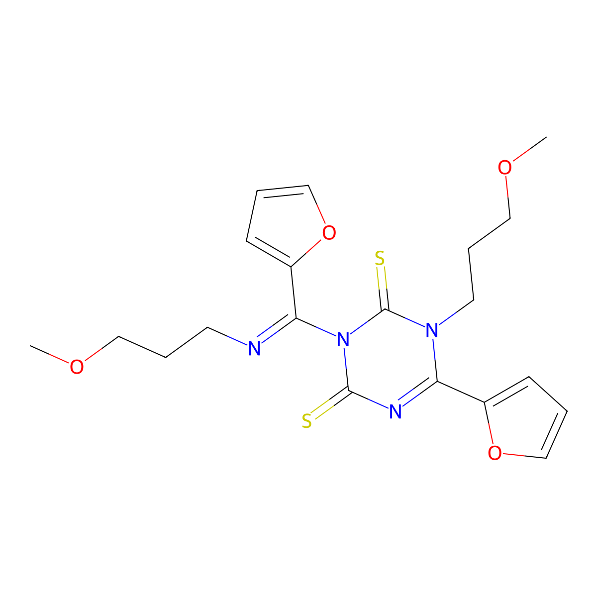 6-(furan-2-yl)-3-[C-(furan-2-yl)-N-(3-methoxypropyl)carbonimidoyl]-1-(3-methoxypropyl)-1,3,5-triazine-2,4-dithione molecular structure, CAS 312499-60-8
