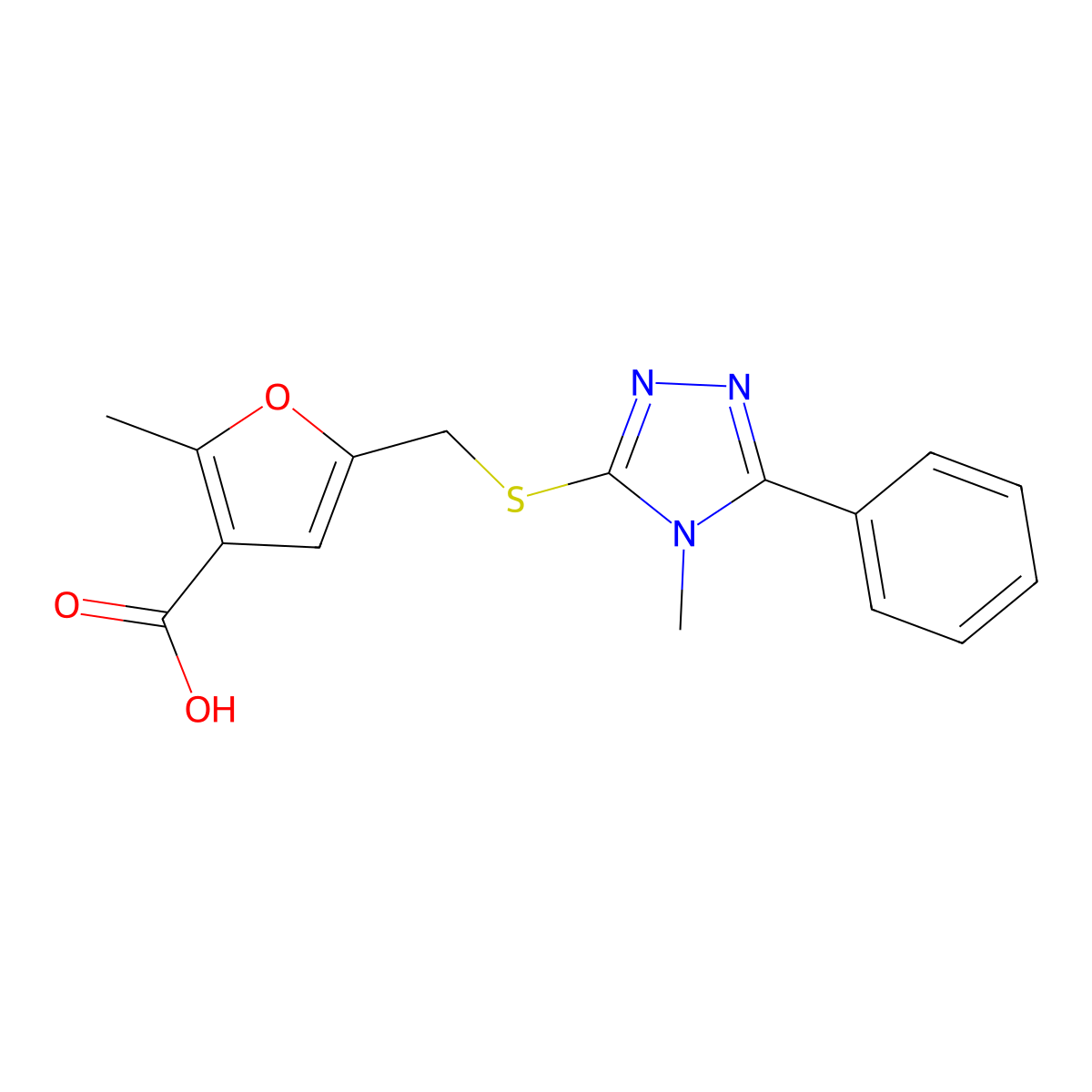 2-Methyl-5-[(4-methyl-5-phenyl-1,2,4-triazol-3-yl)sulfanylmethyl]furan-3-carboxylic acid molecular structure, CAS 312500-78-0