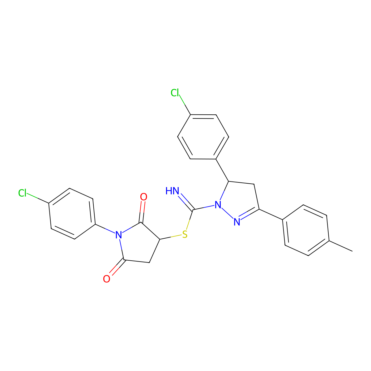 1-(4-chlorophenyl)-2,5-dioxopyrrolidin-3-yl 5-(4-chlorophenyl)-3-(4-methylphenyl)-4,5-dihydro-1H-pyrazole-1-carbimidothioate molecular structure, CAS 312502-16-2