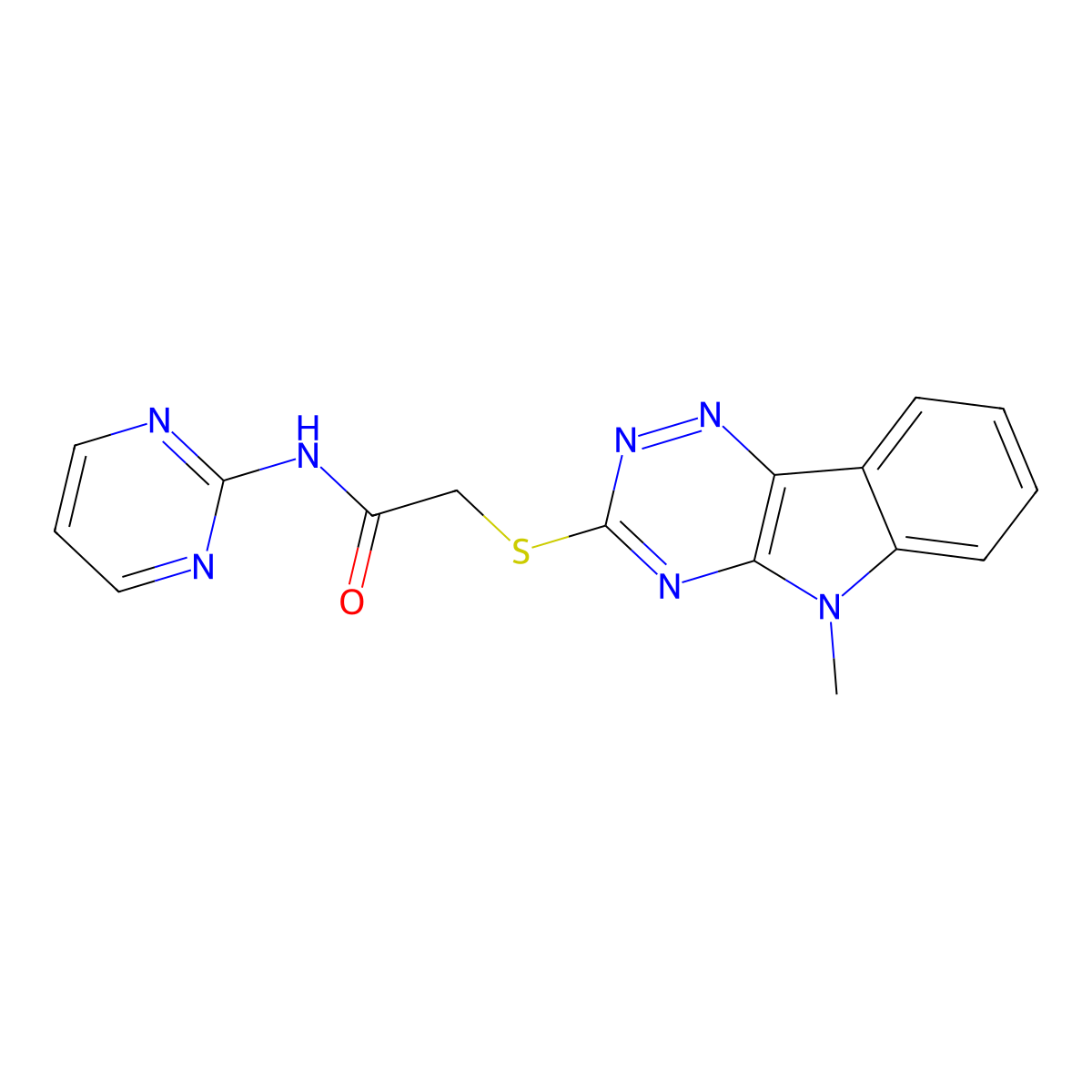 2-[(5-methyl-[1,2,4]triazino[5,6-b]indol-3-yl)sulfanyl]-N-pyrimidin-2-ylacetamide molecular structure, CAS 312504-90-8