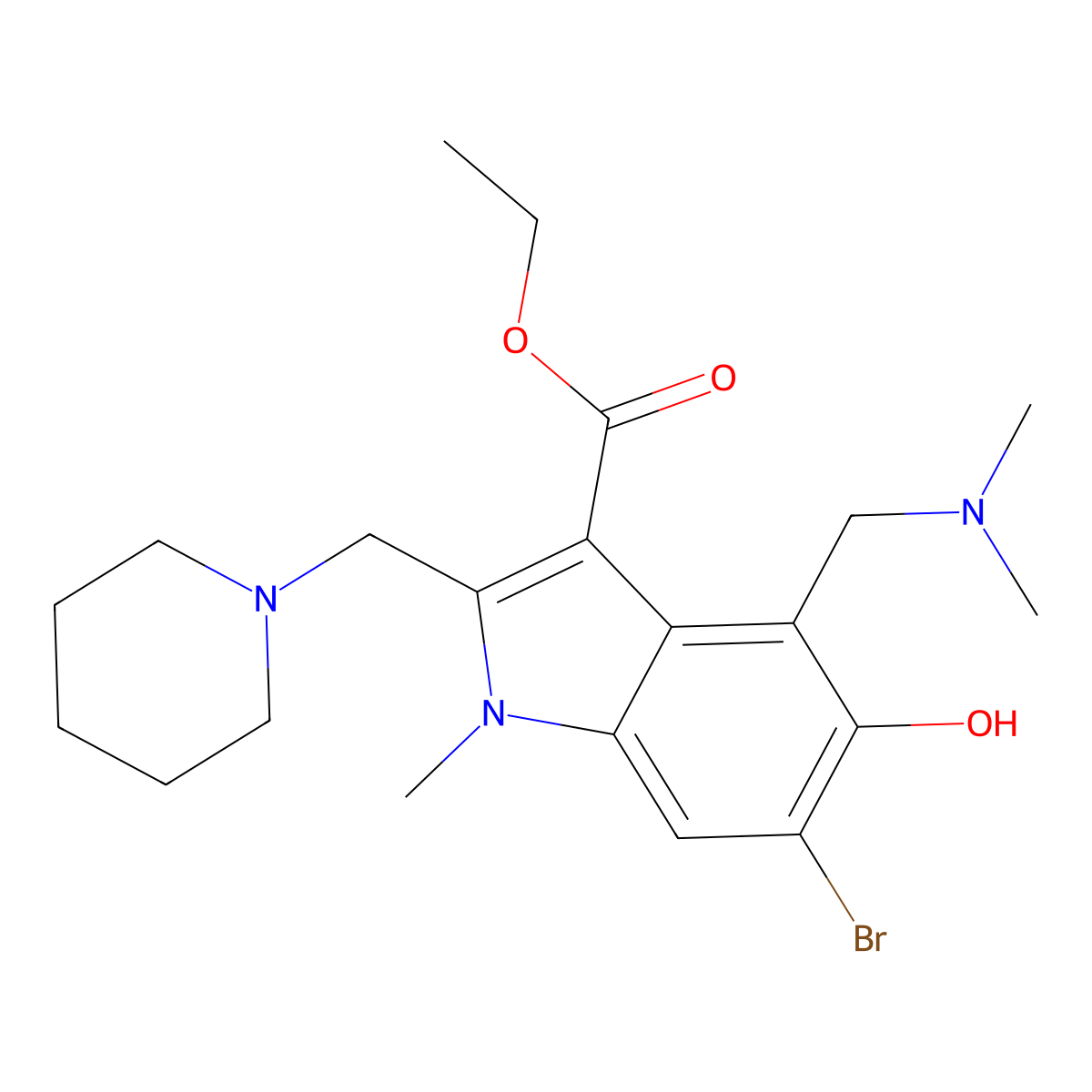 ethyl 6-bromo-4-((dimethylamino)methyl)-5-hydroxy-1-methyl-2-(piperidin-1-ylmethyl)-1H-indole-3-carboxylate molecular structure, CAS 312504-93-1