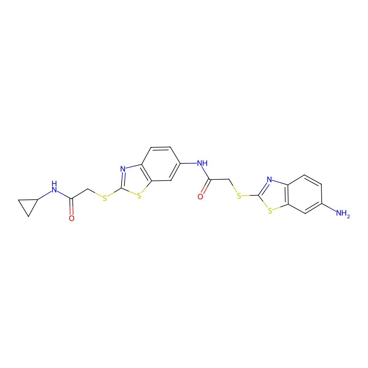 2-[[6-[[2-[(6-amino-1,3-benzothiazol-2-yl)sulfanyl]acetyl]amino]-1,3-benzothiazol-2-yl]sulfanyl]-N-cyclopropylacetamide molecular structure, CAS 312507-64-5