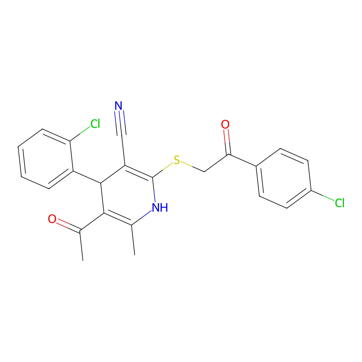 5-Acetyl-4-(2-chlorophenyl)-2-[2-(4-chlorophenyl)-2-oxoethyl]sulfanyl-6-methyl-1,4-dihydropyridine-3-carbonitrile molecular structure, CAS 312508-66-0