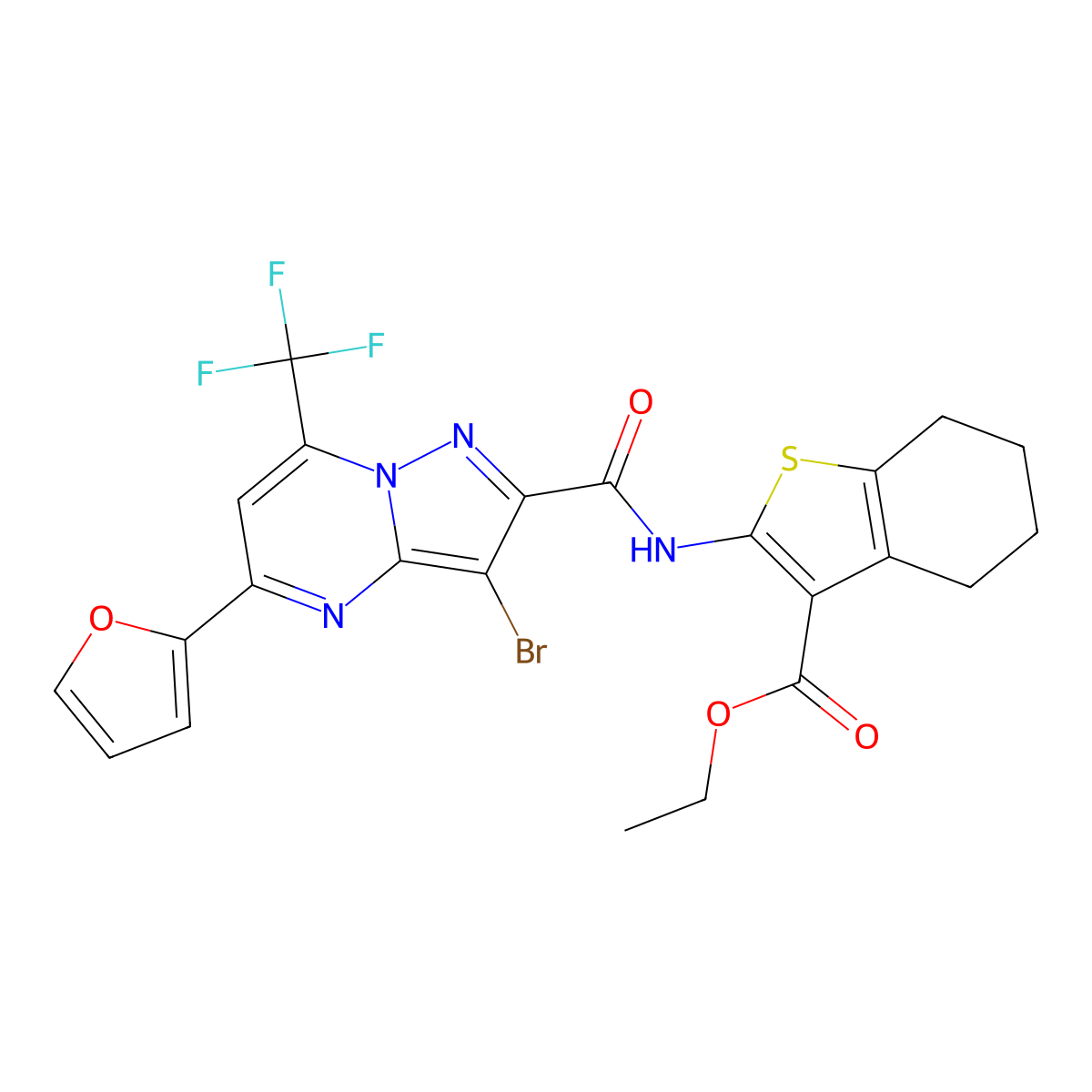Ethyl 2-({[3-bromo-5-(2-furyl)-7-(trifluoromethyl)pyrazolo[1,5-a]pyrimidin-2-yl]carbonyl}amino)-4,5,6,7-tetrahydro-1-benzothiophene-3-carboxylate molecular structure, CAS 312509-47-0