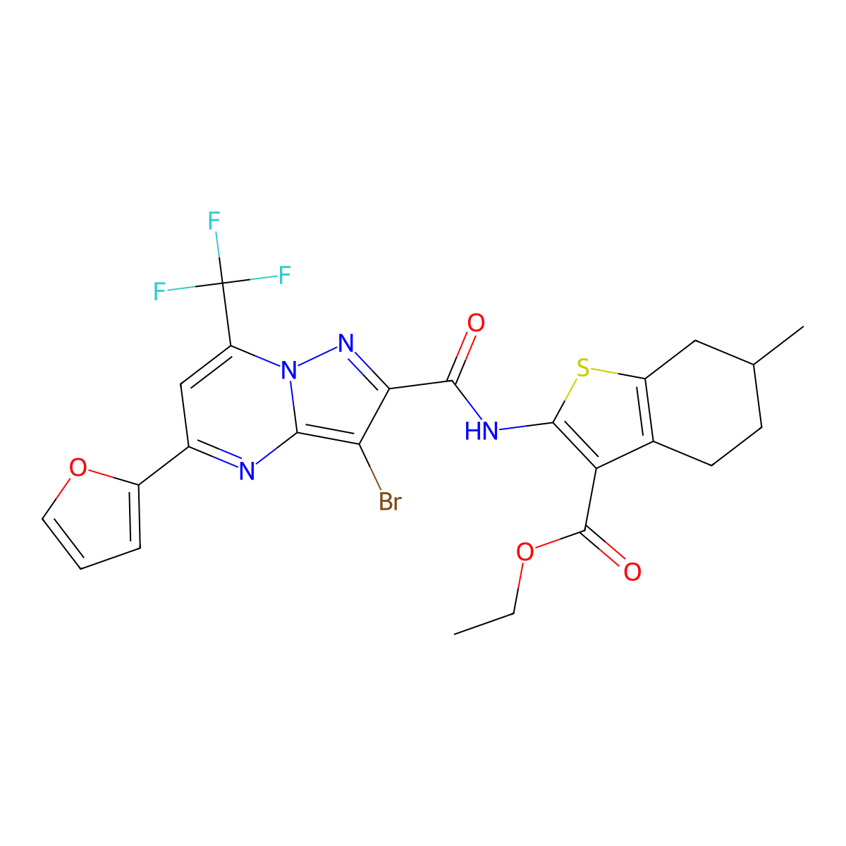 Ethyl 2-({[3-bromo-5-(2-furyl)-7-(trifluoromethyl)pyrazolo[1,5-a]pyrimidin-2-yl]carbonyl}amino)-6-methyl-4,5,6,7-tetrahydro-1-benzothiophene-3-carboxylate molecular structure, CAS 312509-53-8
